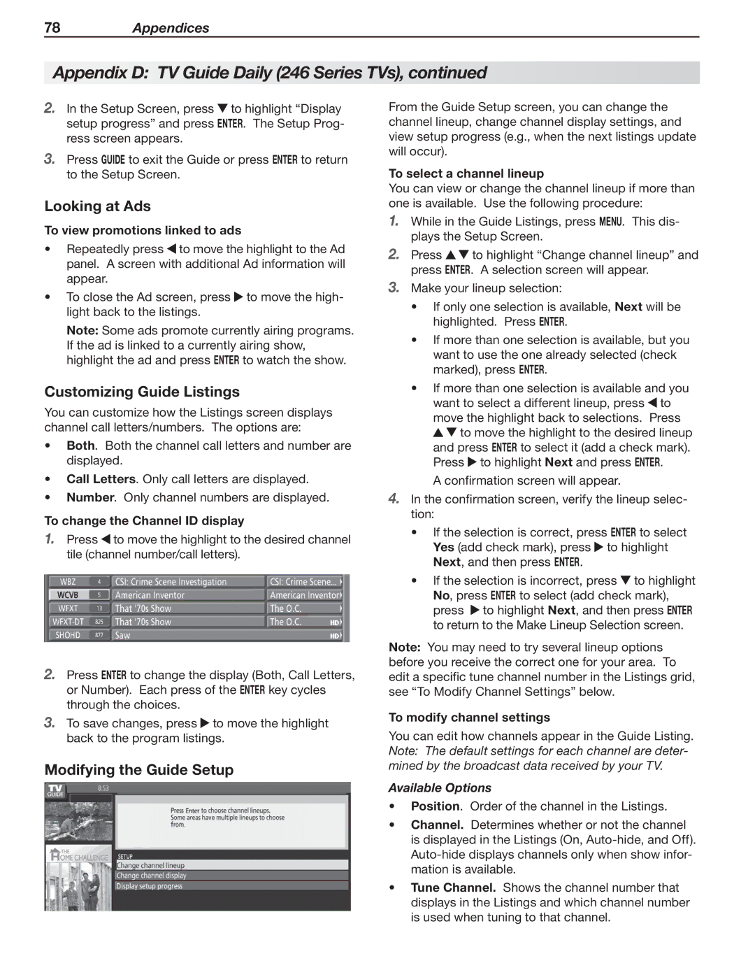 Mitsubishi Electronics 148 Series Looking at Ads, Customizing Guide Listings, Modifying the Guide Setup, Available Options 