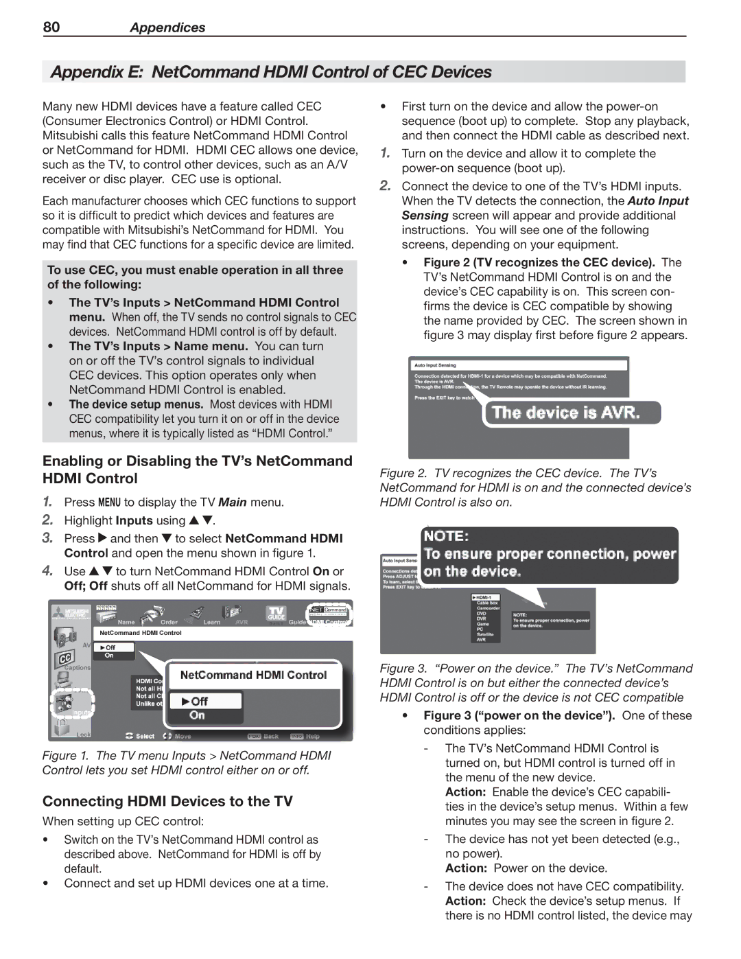 Mitsubishi Electronics 148 Series Appendix E NetCommand Hdmi Control of CEC Devices, Connecting Hdmi Devices to the TV 