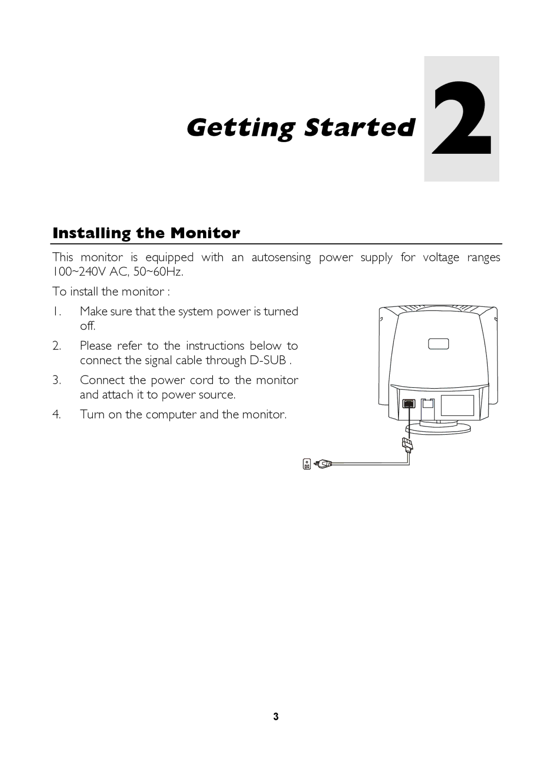 Mitsubishi Electronics 1554R user manual Getting Started, Installing the Monitor 