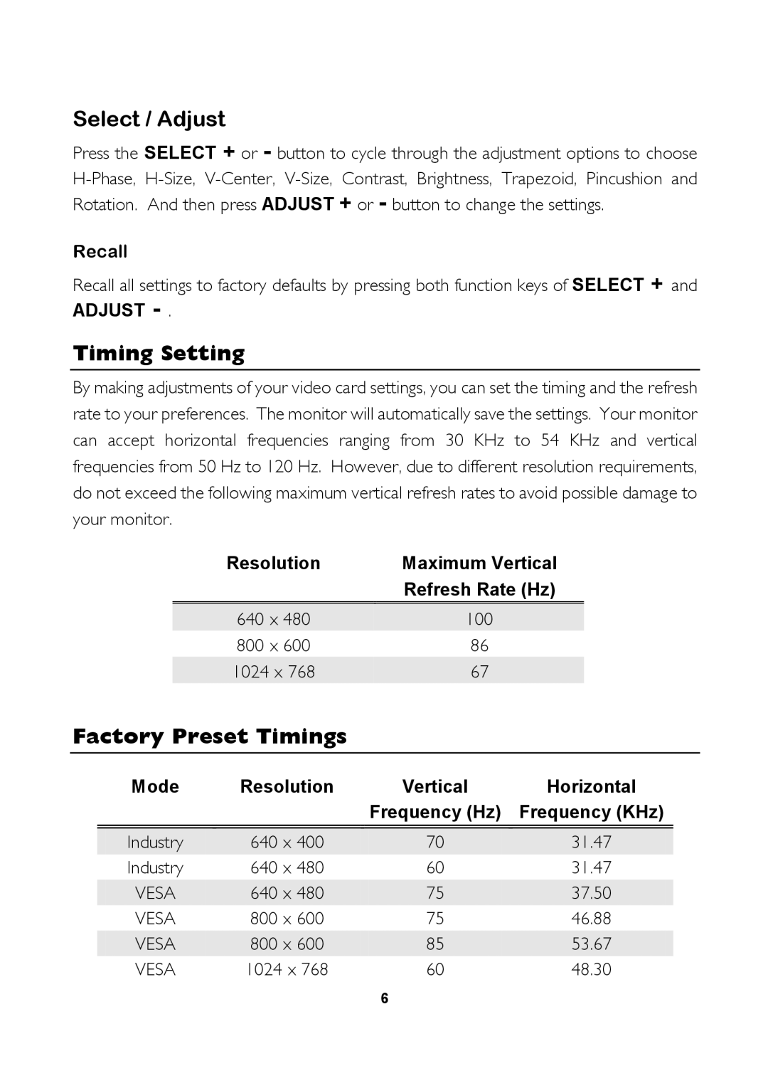 Mitsubishi Electronics 1554R user manual Select / Adjust, Timing Setting, Factory Preset Timings 