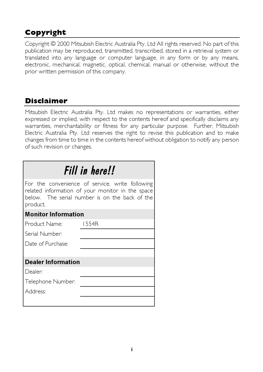 Mitsubishi Electronics 1554R user manual Copyright Disclaimer, Monitor Information, Dealer Information 