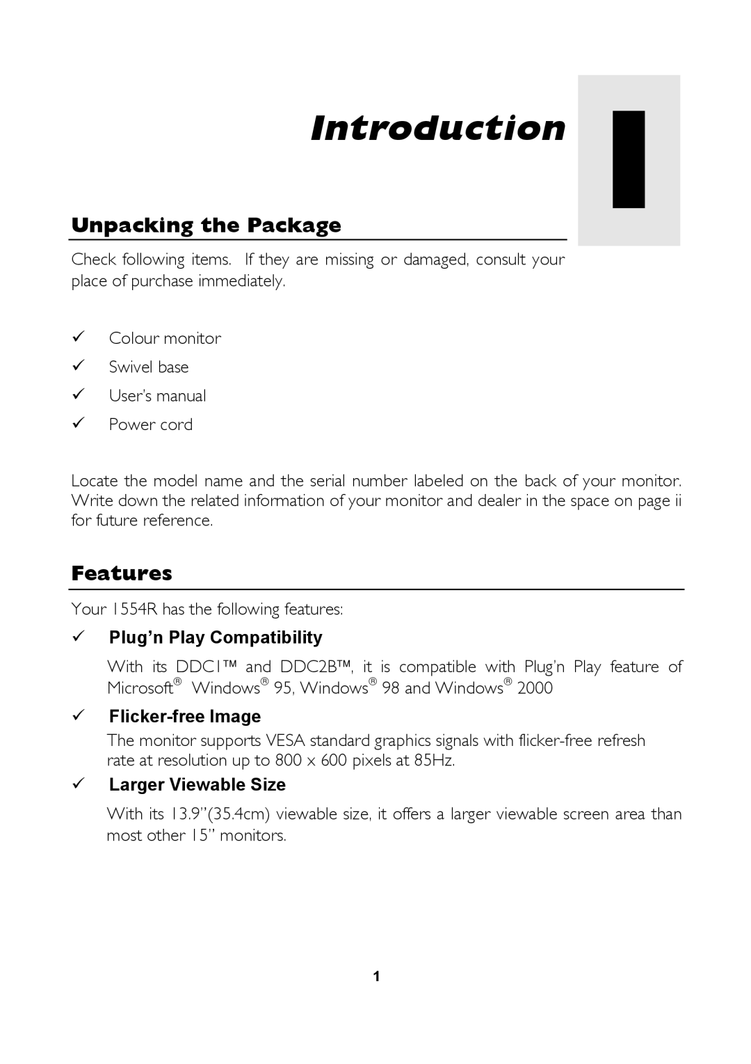 Mitsubishi Electronics 1554R user manual Introduction, Unpacking the Package, Features 