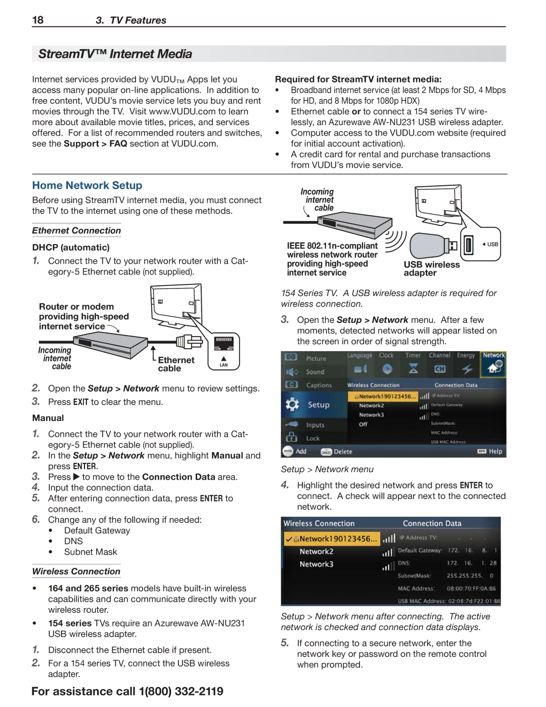 Mitsubishi Electronics 164 Series StreamTV Internet Media, Home Network Setup, Ethernet Connection, Wireless Connection 