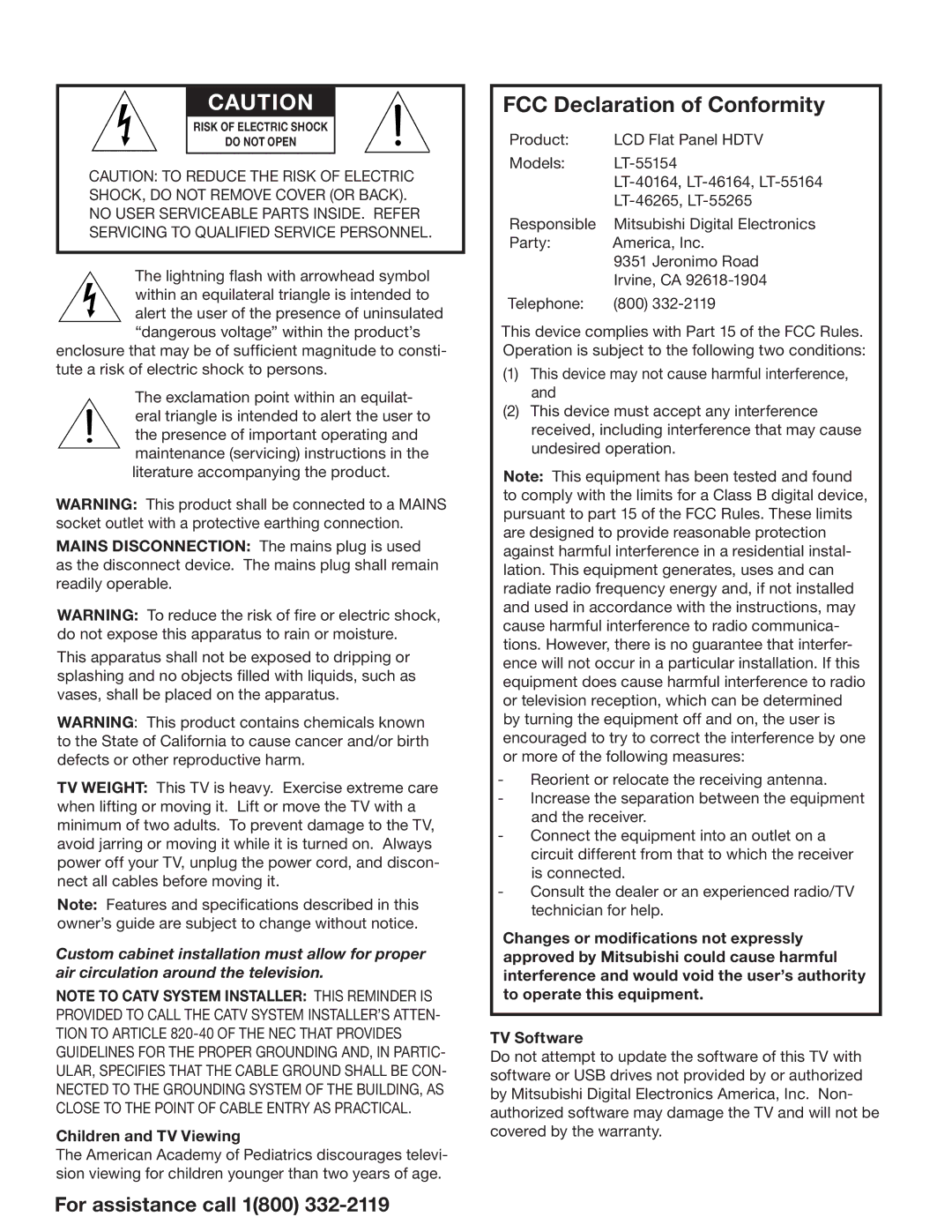 Mitsubishi Electronics 164 Series manual FCC Declaration of Conformity, Children and TV Viewing 