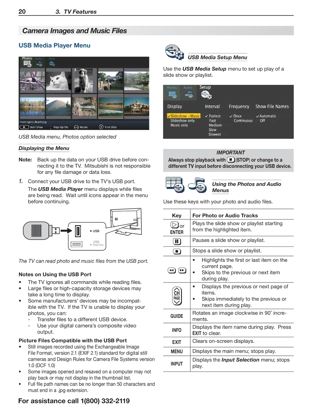 Mitsubishi Electronics 164 Series manual Camera Images and Music Files, USB Media Player Menu, Displaying the Menu 