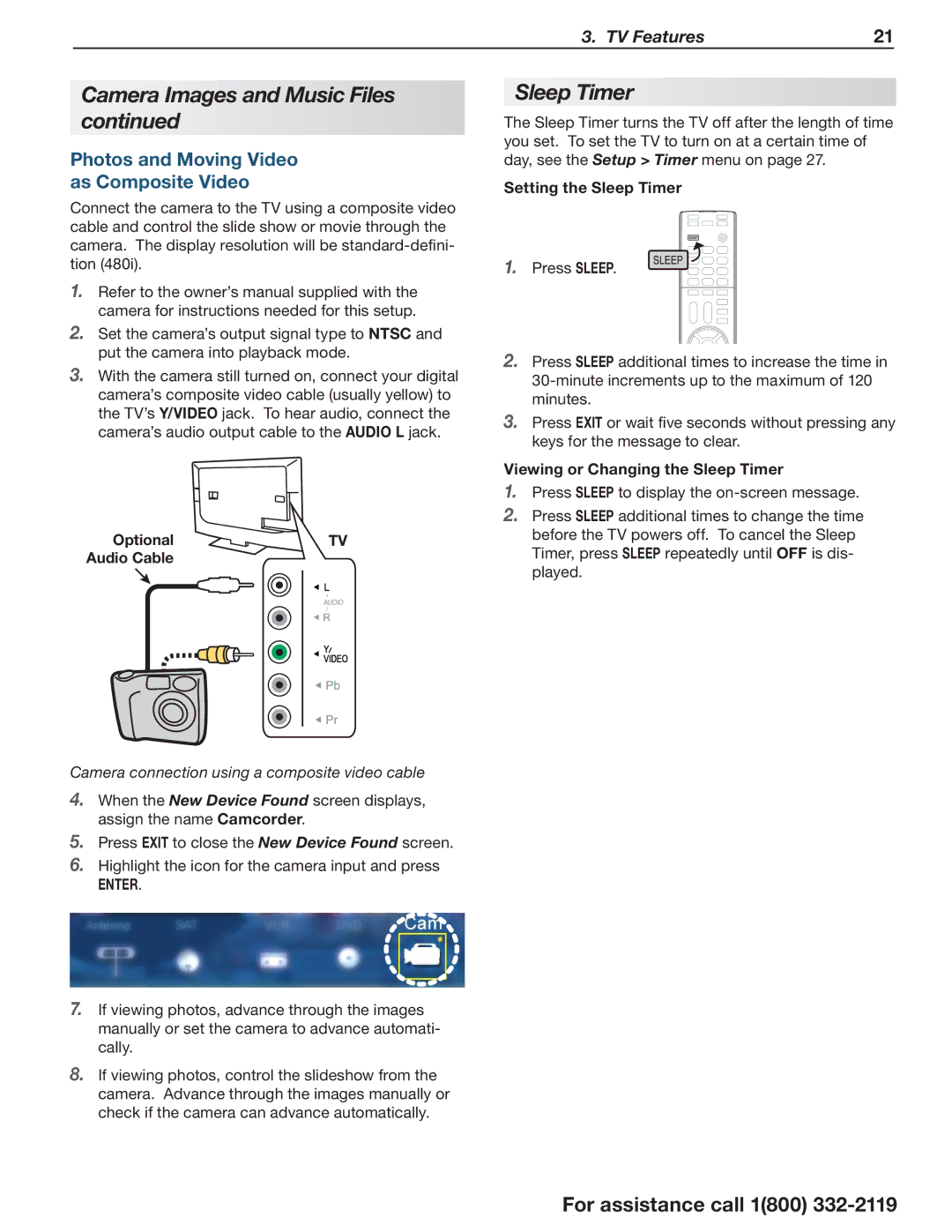 Mitsubishi Electronics 164 Series manual Sleep Timer, Photos and Moving Video As Composite Video, Enter 