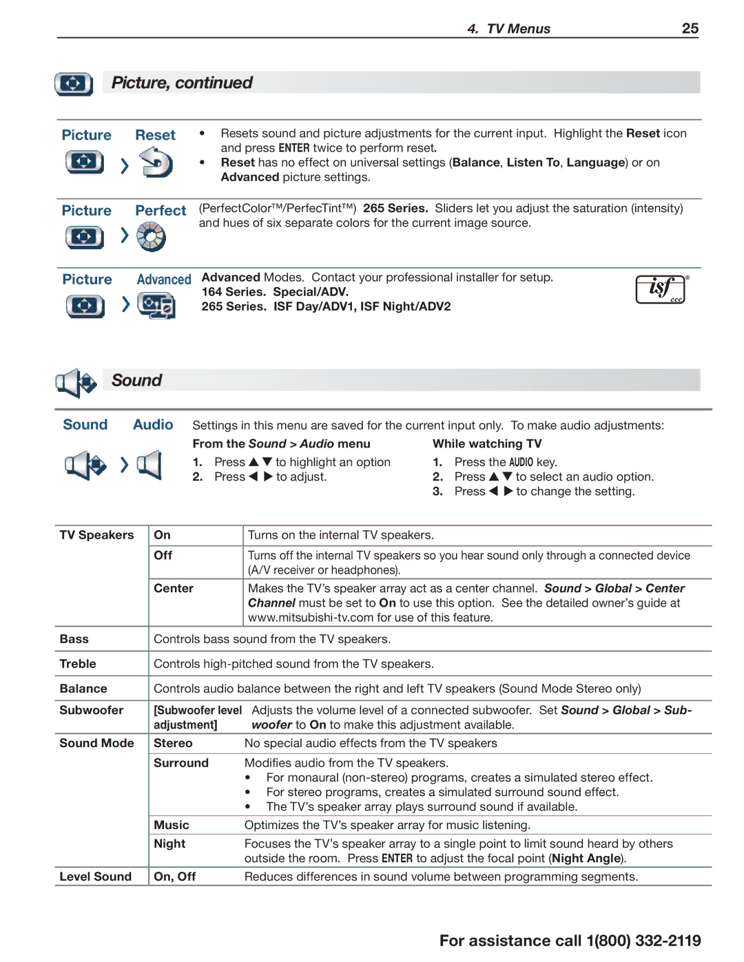 Mitsubishi Electronics 164 Series manual Picture Reset, Picture Perfect, From the Sound Audio menu 