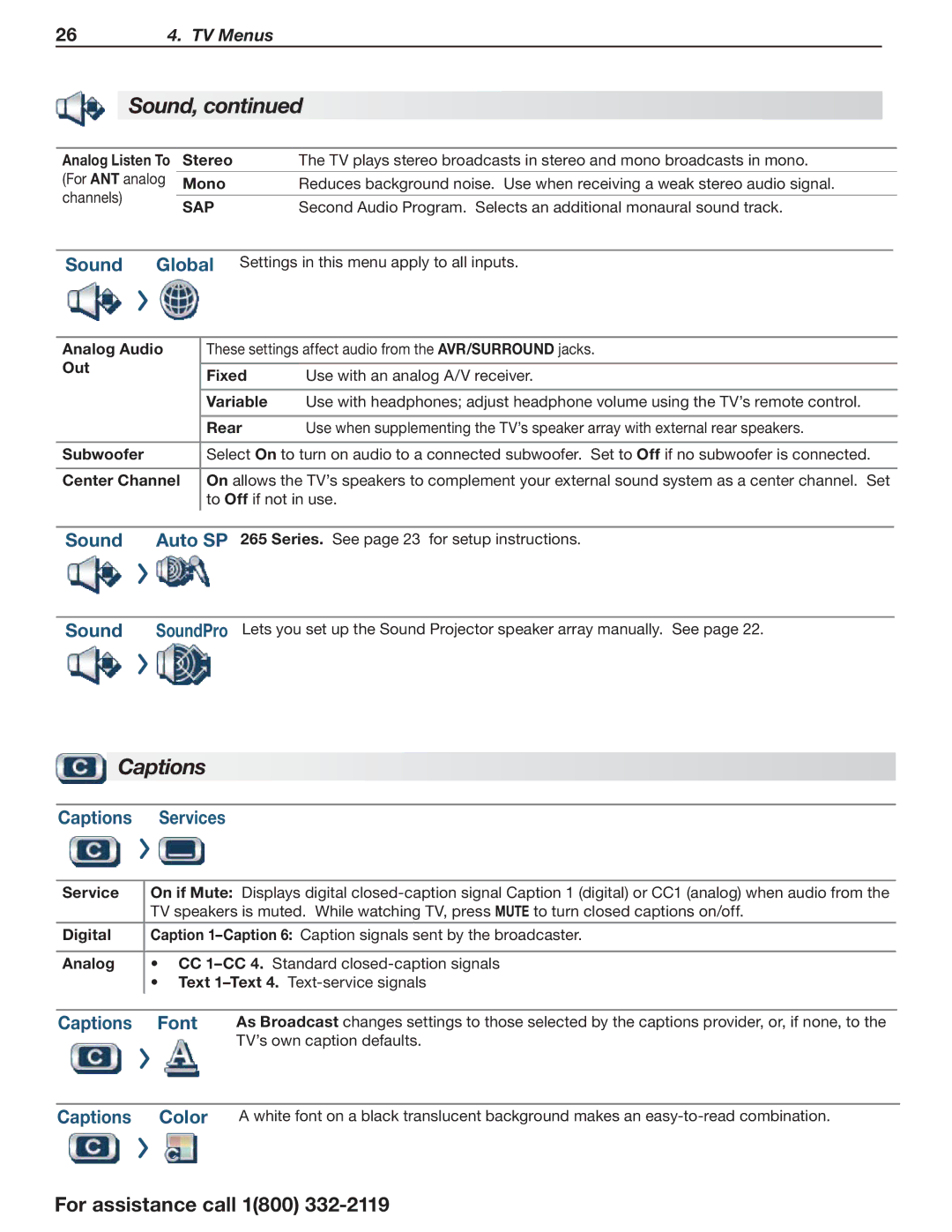 Mitsubishi Electronics 164 Series manual Sound Global, Captions Services, Captions Font, Captions Color 