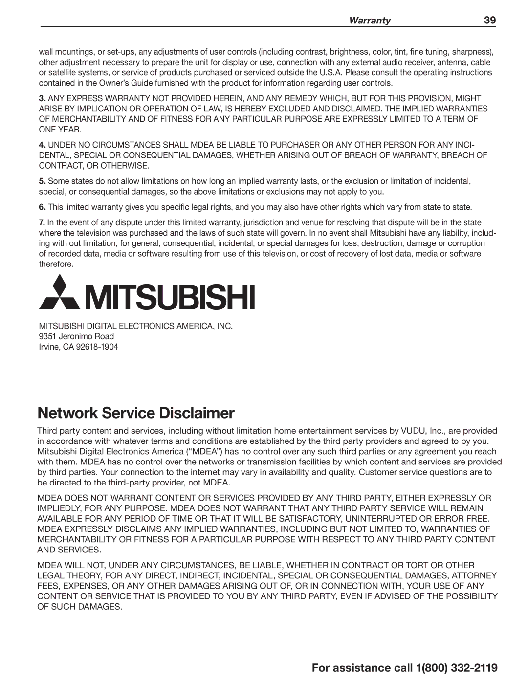 Mitsubishi Electronics 164 Series manual Network Service Disclaimer, Warranty39 