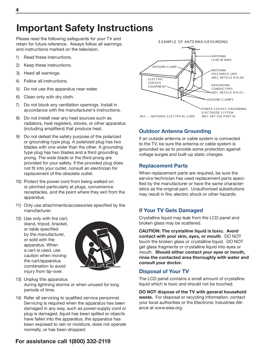 Mitsubishi Electronics 164 Series manual Outdoor Antenna Grounding, Replacement Parts, If Your TV Gets Damaged 