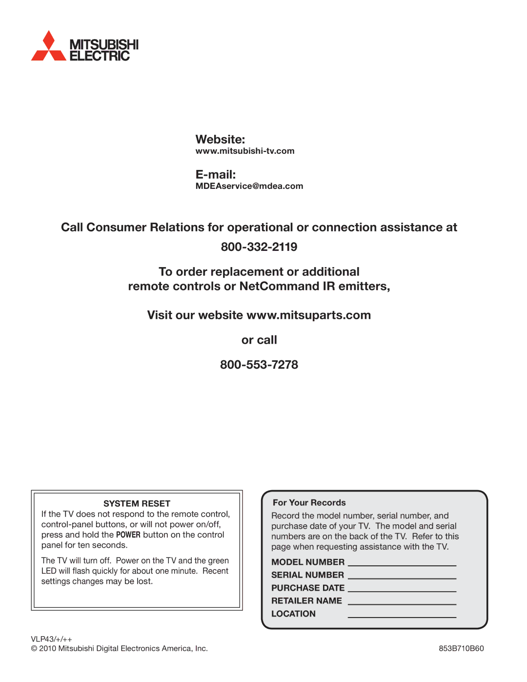 Mitsubishi Electronics 164 Series manual MDEAservice@mdea.com, System Reset, For Your Records 