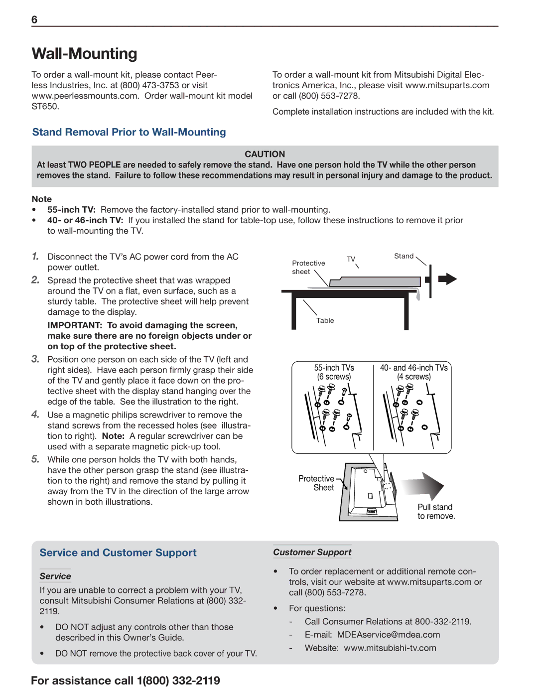 Mitsubishi Electronics 164 Series manual Stand Removal Prior to Wall-Mounting, Service and Customer Support 