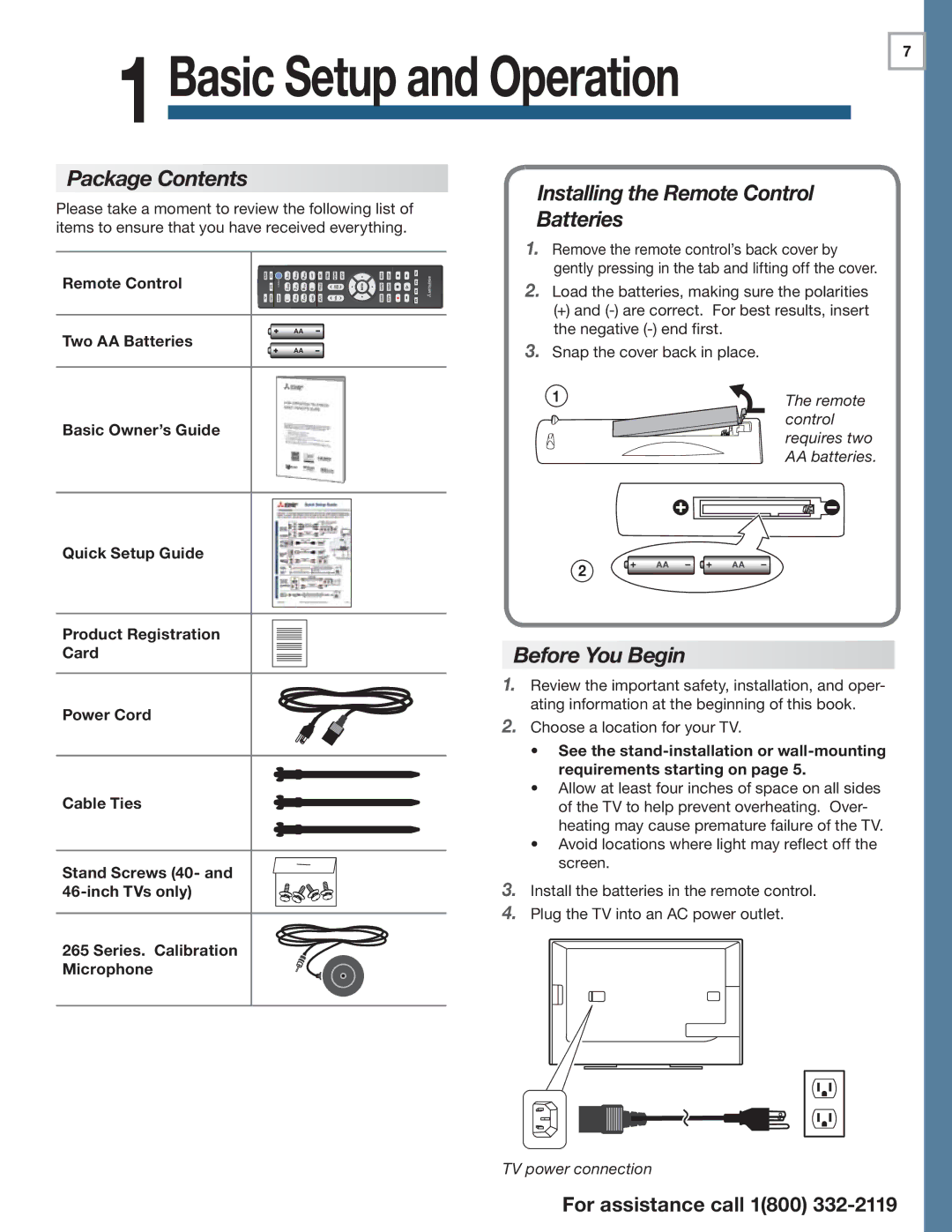 Mitsubishi Electronics 164 Series manual Package Contents, Installing the Remote Control Batteries, Before You Begin 