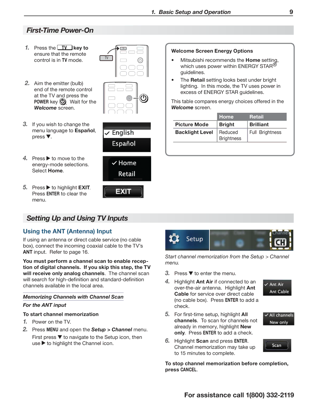 Mitsubishi Electronics 164 Series manual First-Time Power-On, Setting Up and Using TV Inputs, Using the ANT Antenna Input 