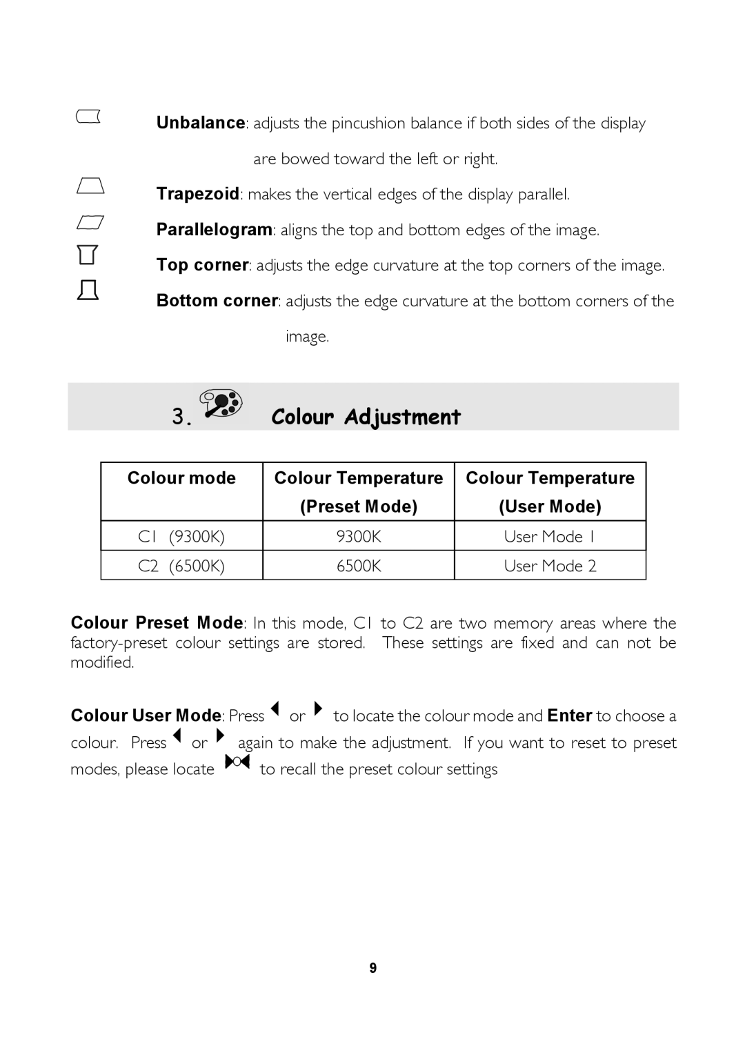 Mitsubishi Electronics 1770G user manual Colour mode, Preset Mode User Mode, Colour User Mode Press or 