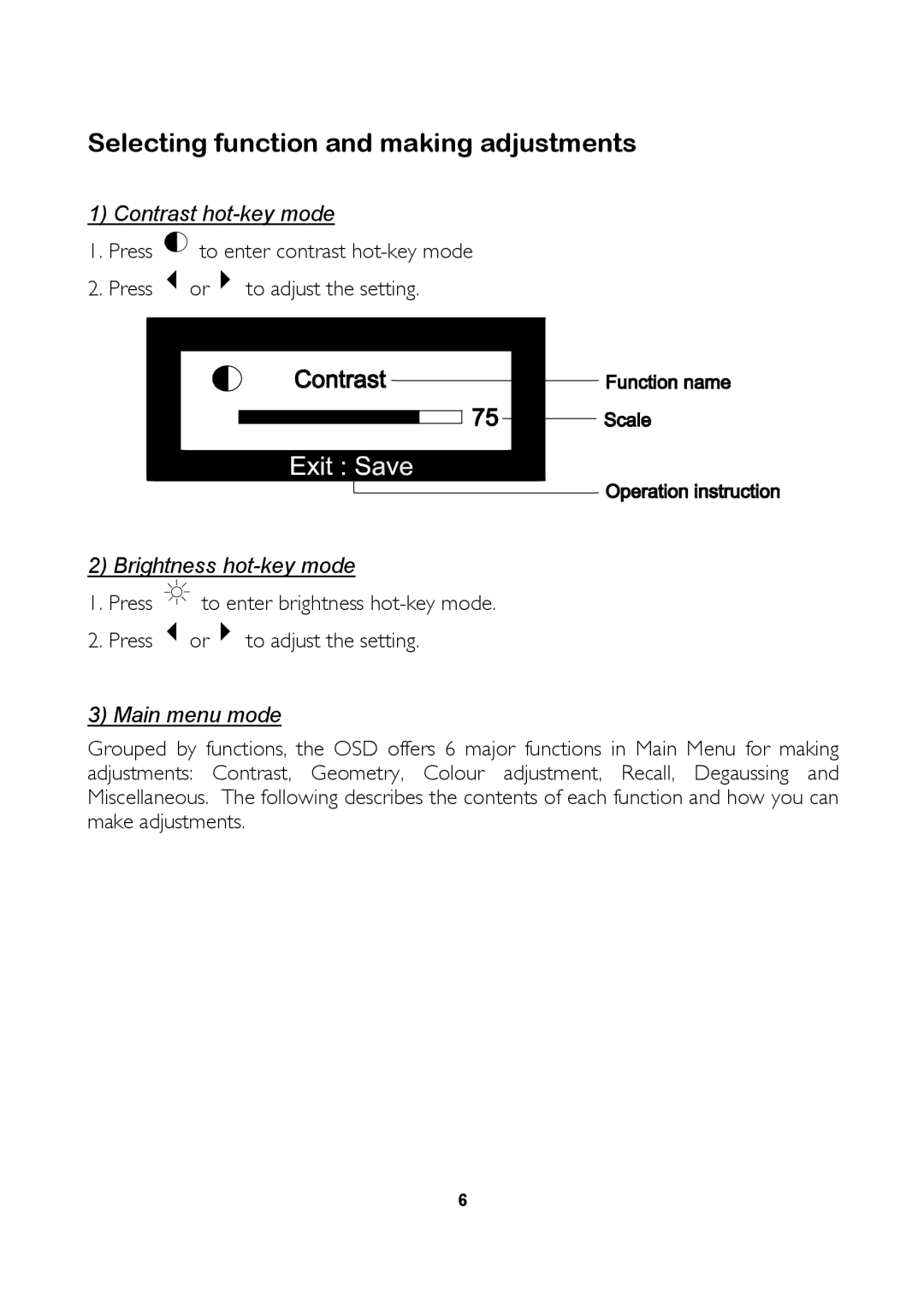 Mitsubishi Electronics 1786FD user manual Selecting function and making adjustments, Main menu mode 