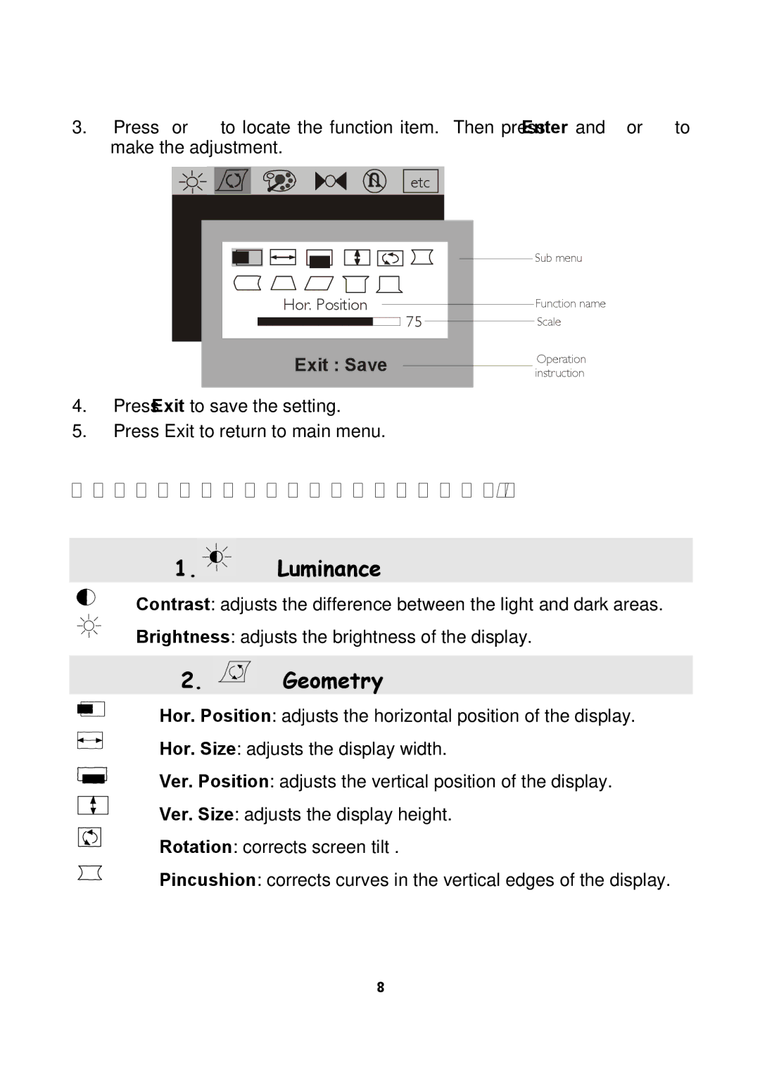 Mitsubishi Electronics 1786FD user manual Control functions available in main menu, Exit Save 