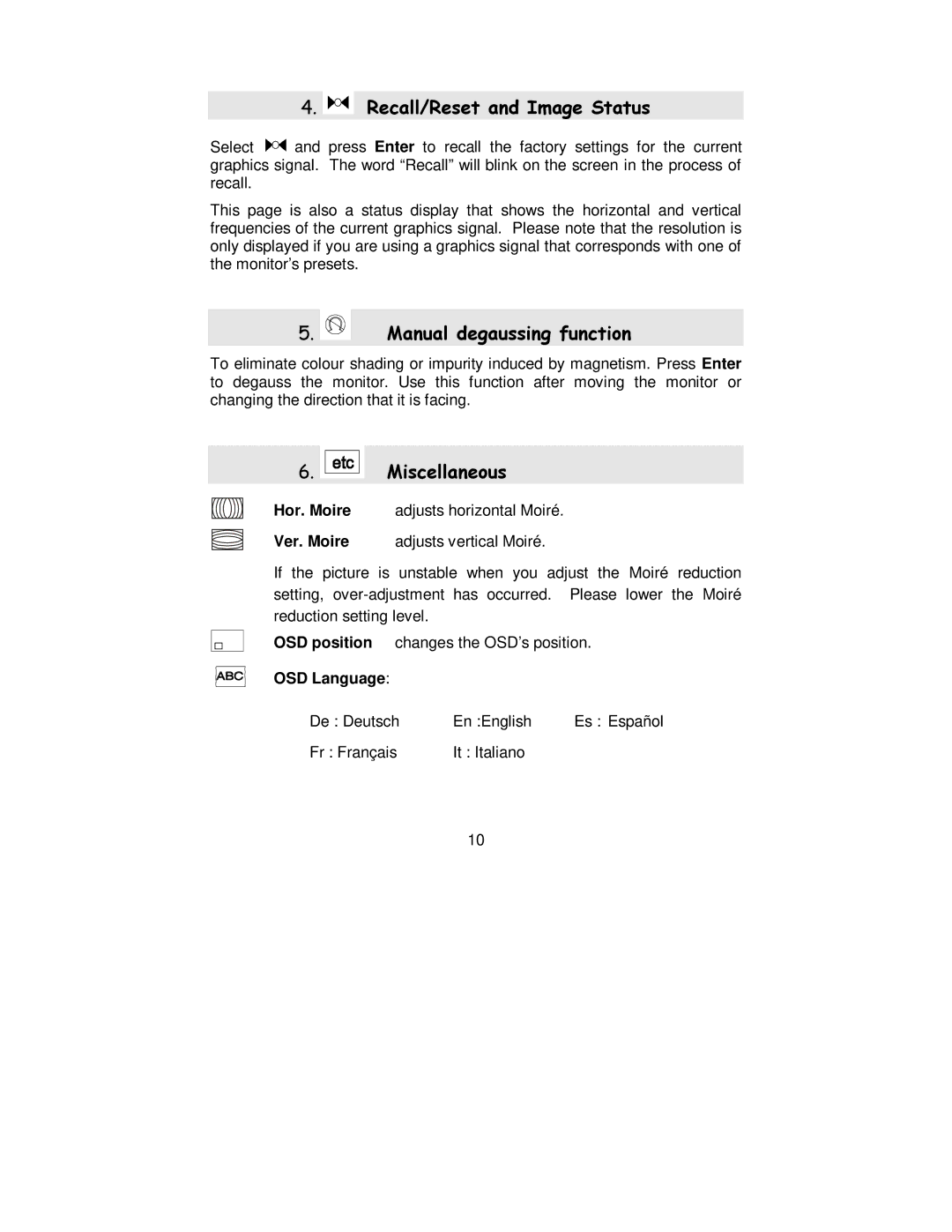 Mitsubishi Electronics 1995SL user manual Recall/Reset and Image Status, OSD Language 