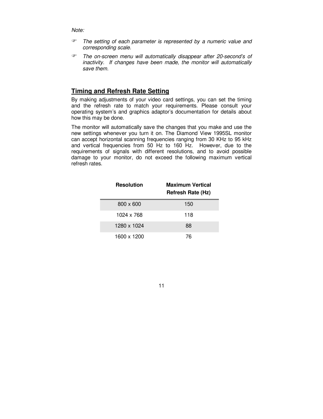 Mitsubishi Electronics 1995SL user manual Timing and Refresh Rate Setting, Resolution Maximum Vertical Refresh Rate Hz 