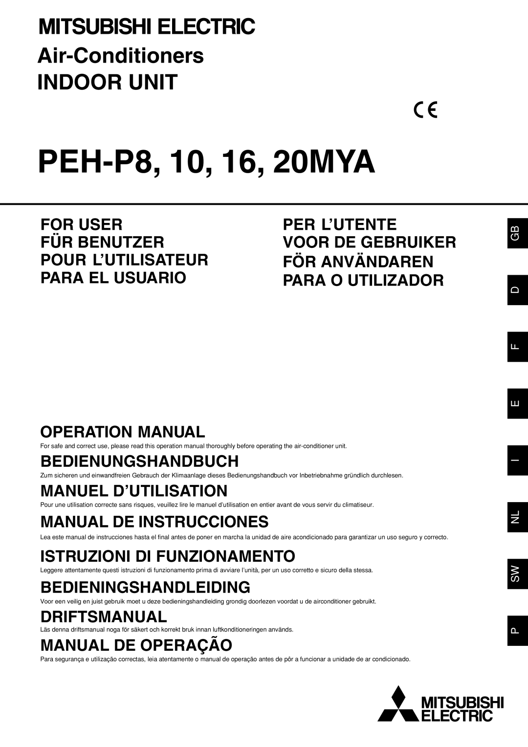 Mitsubishi Electronics PEH-P16, 20-MYA, PEH-P10 operation manual PEH-P8, 10, 16, 20MYA 