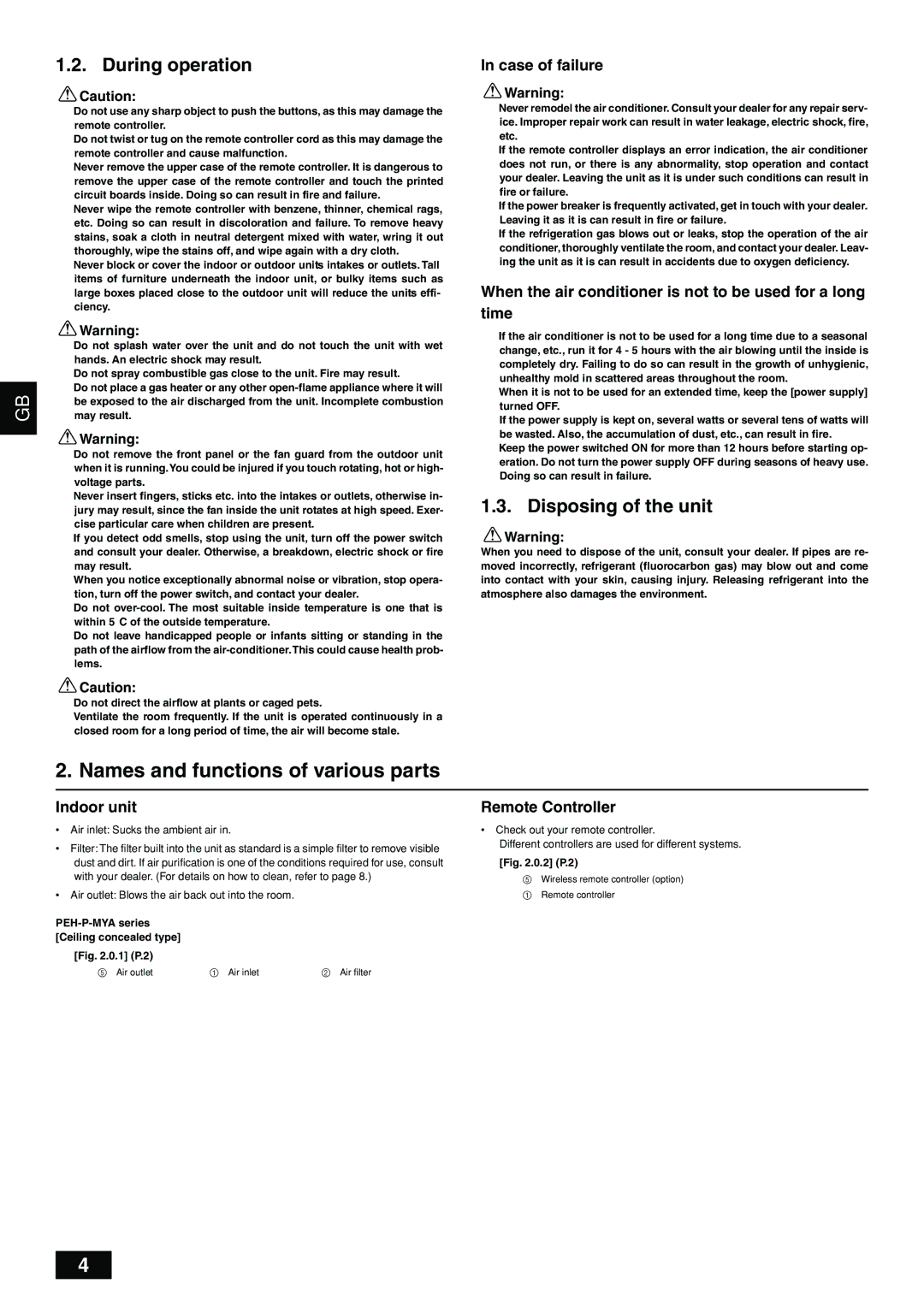 Mitsubishi Electronics 20-MYA, PEH-P16 Names and functions of various parts, During operation, Disposing of the unit 