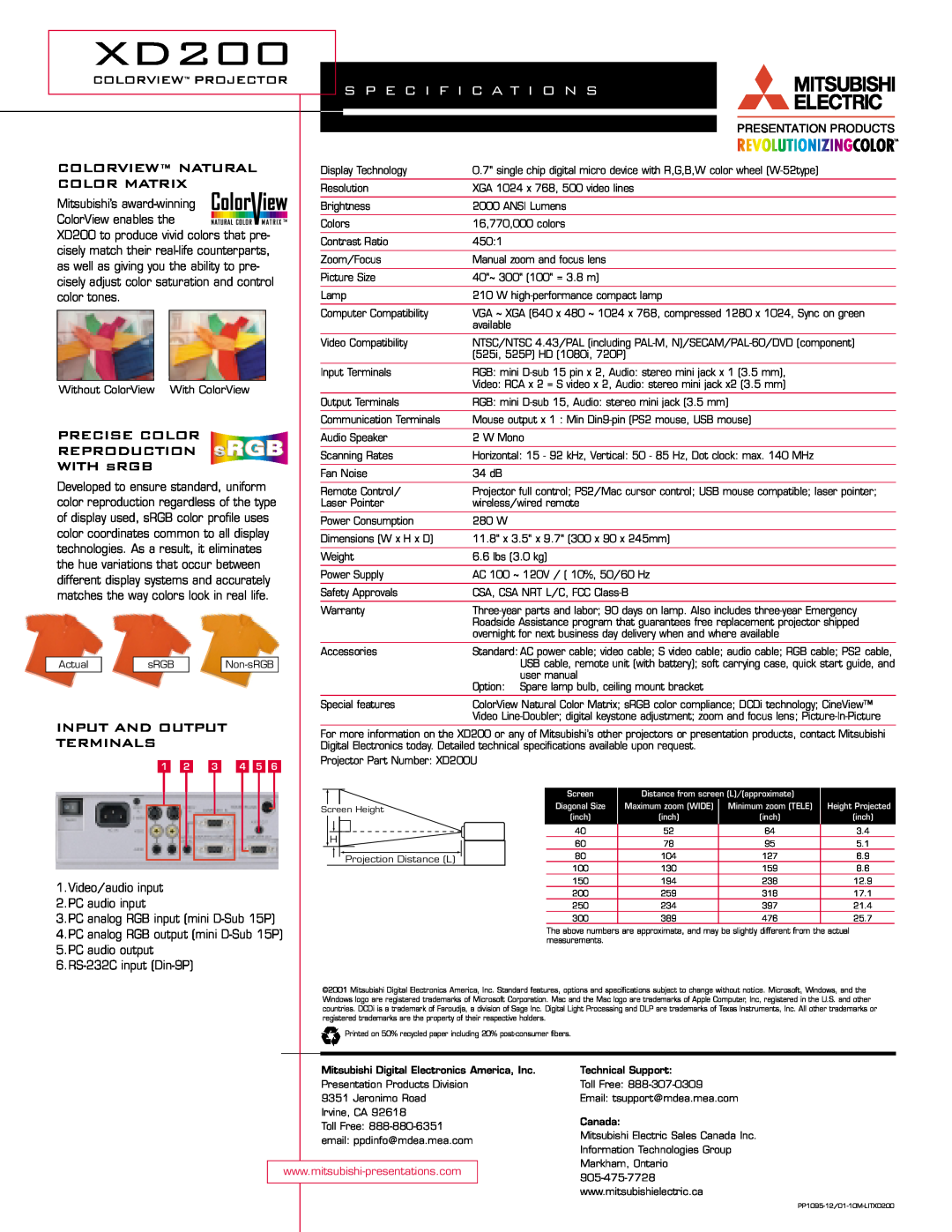 Mitsubishi Electronics warranty S P E C I F I C A T I O N S, XD200, colorview projector, Colorview Natural, Color Matrix 