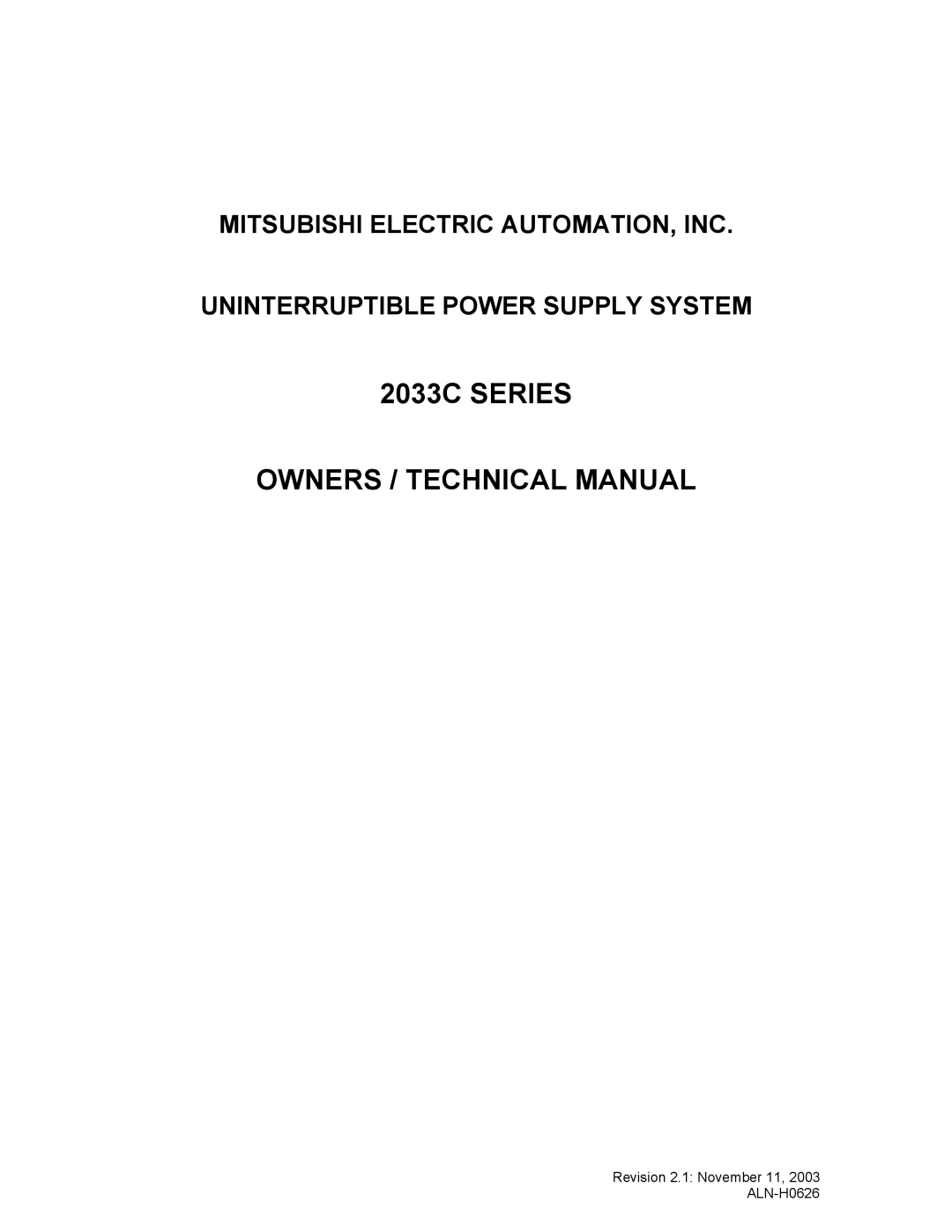 Mitsubishi Electronics technical manual 2033C Series Owners / Technical Manual 