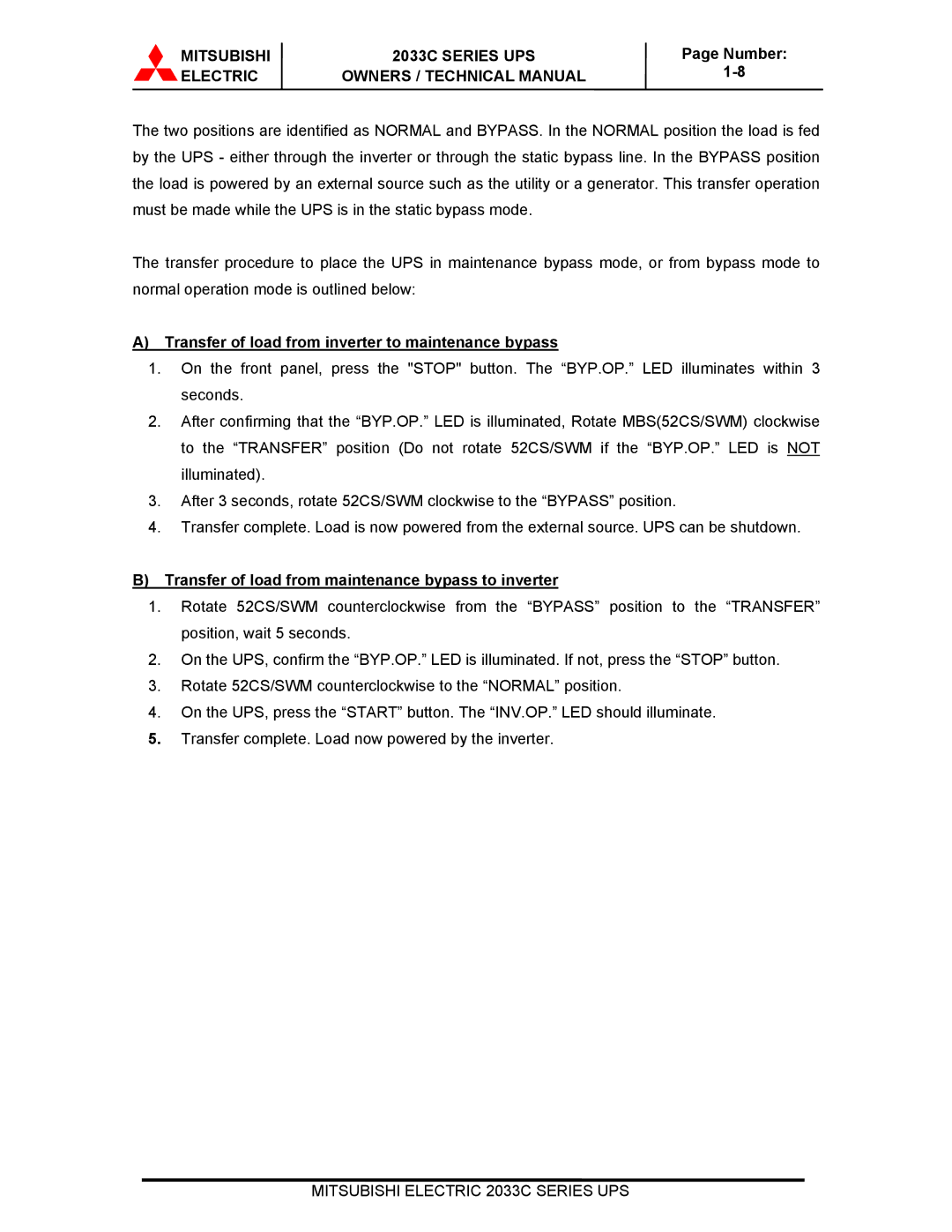 Mitsubishi Electronics 2033C technical manual Transfer of load from inverter to maintenance bypass 