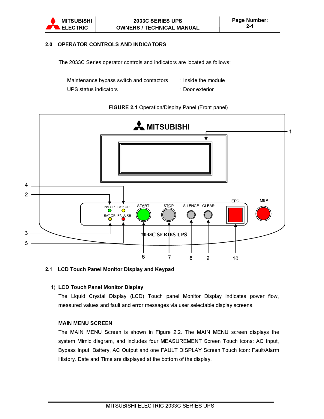 Mitsubishi Electronics 2033C technical manual LCD Touch Panel Monitor Display and Keypad, Main Menu Screen 