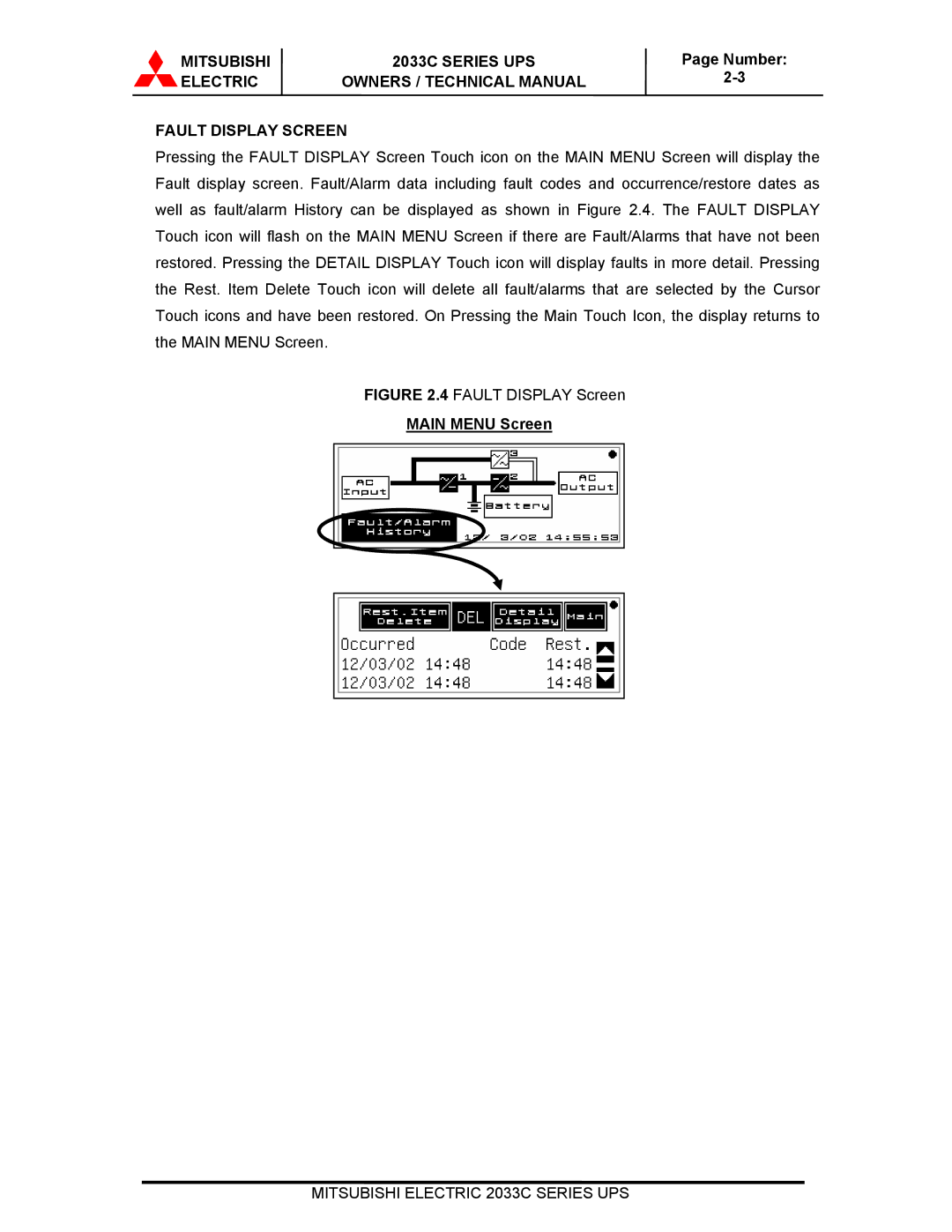 Mitsubishi Electronics 2033C technical manual Electric Owners / Technical Manual Fault Display Screen 