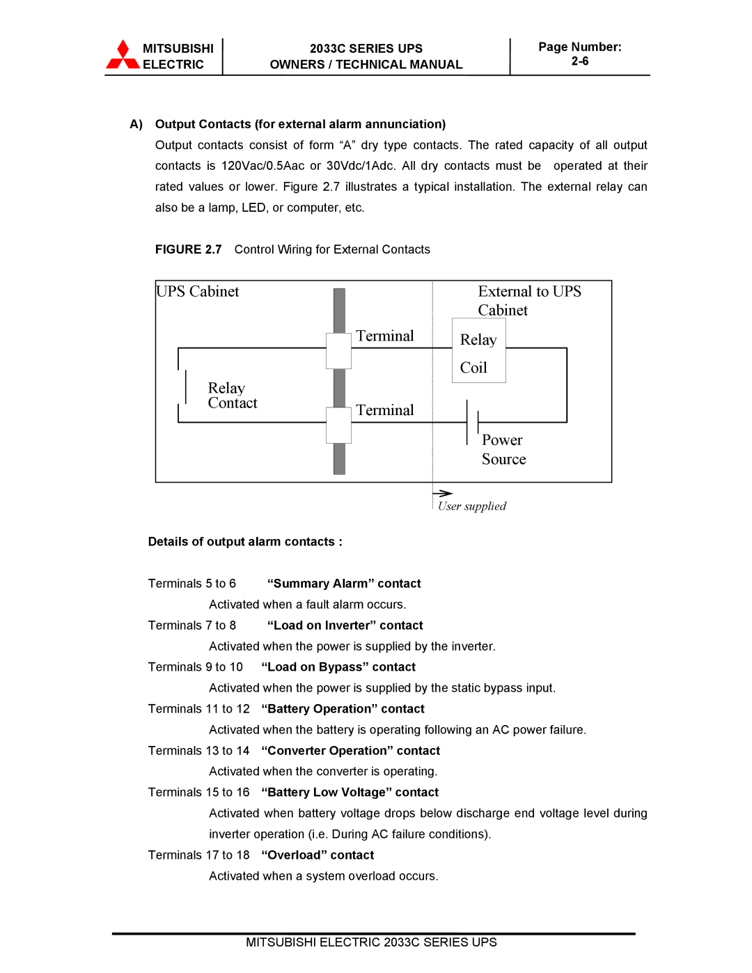 Mitsubishi Electronics 2033C Output Contacts for external alarm annunciation, Terminals 7 to 8 Load on Inverter contact 