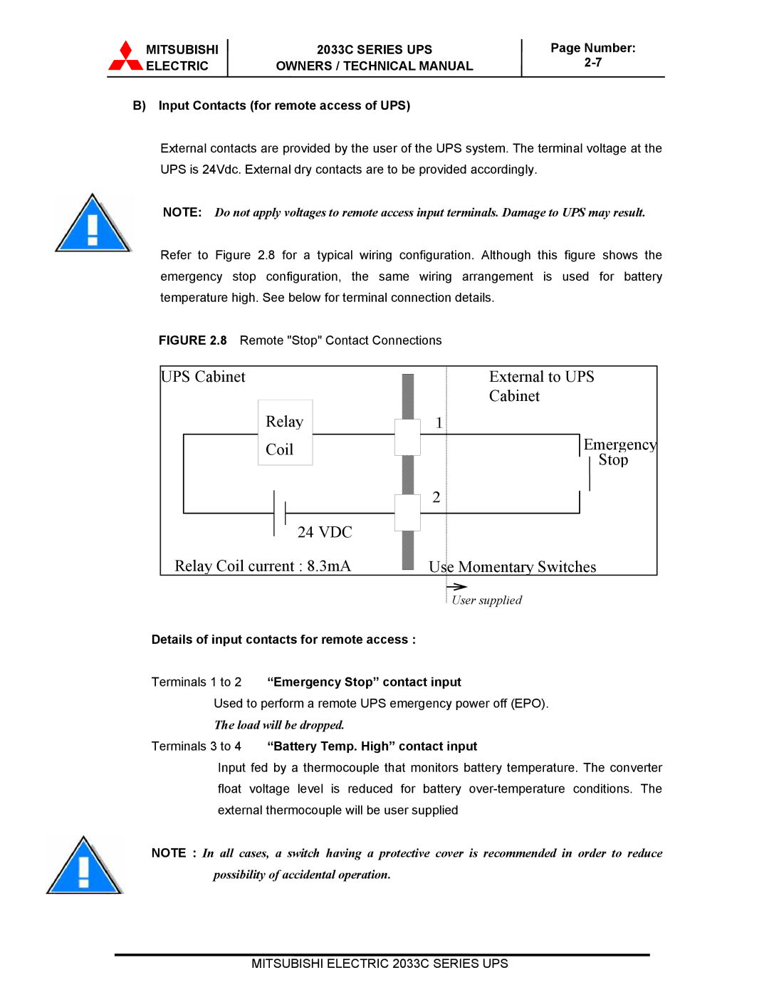 Mitsubishi Electronics 2033C Input Contacts for remote access of UPS, Terminals 3 to 4 Battery Temp. High contact input 