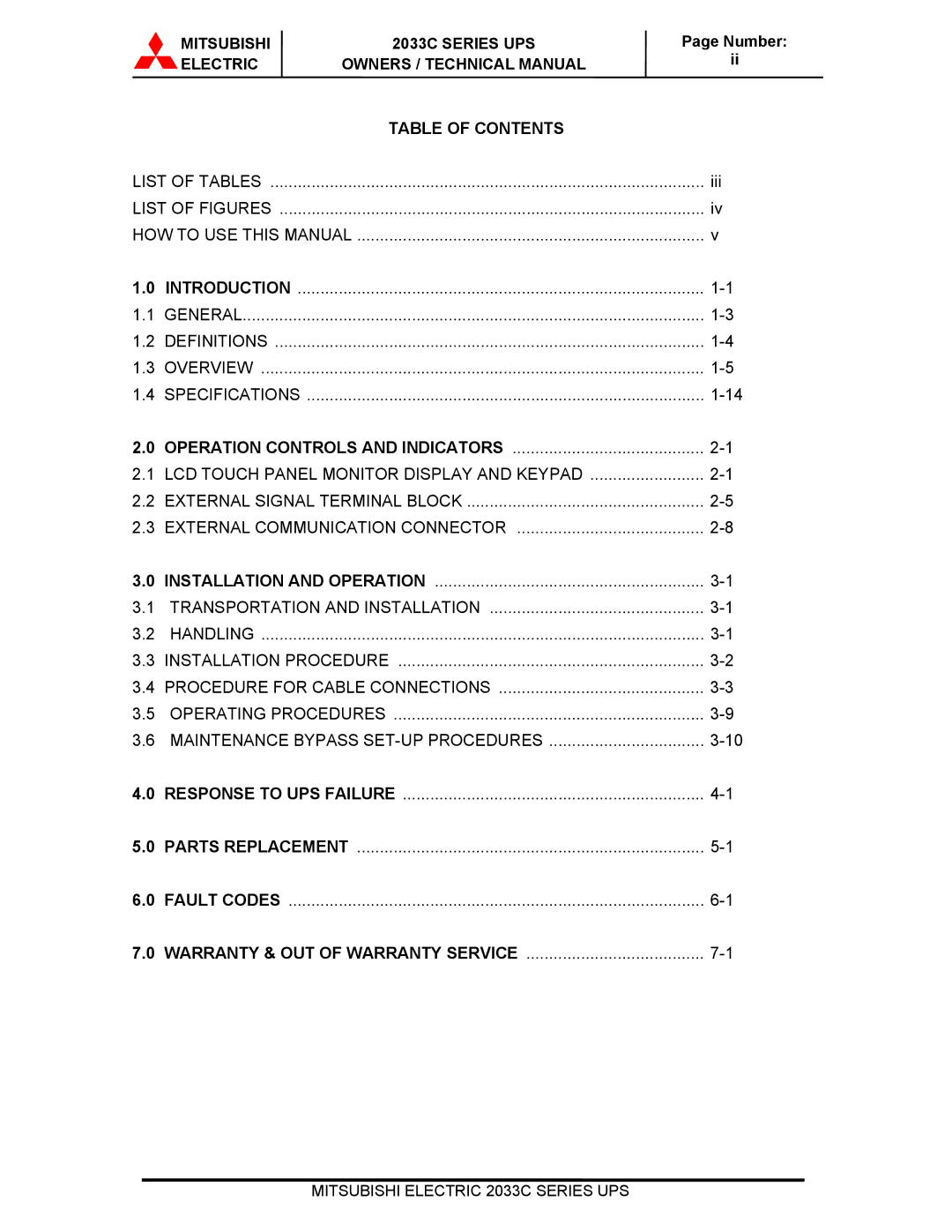 Mitsubishi Electronics 2033C technical manual Table of Contents 