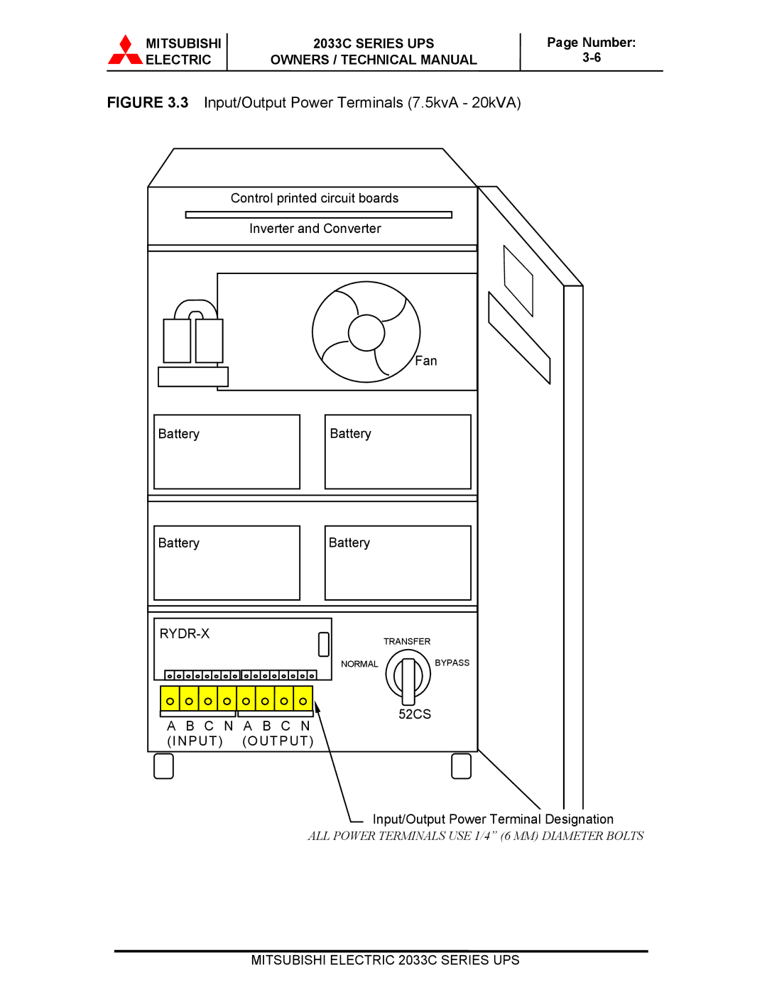 Mitsubishi Electronics 2033C technical manual Input/Output Power Terminals 7.5kvA 20kVA, Number 