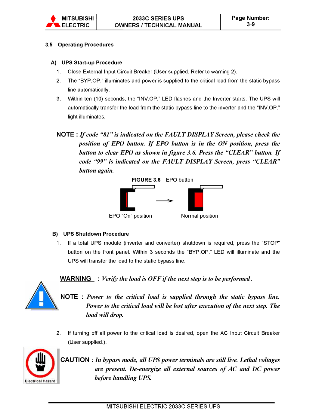 Mitsubishi Electronics 2033C technical manual Operating Procedures UPS Start-up Procedure, UPS Shutdown Procedure 