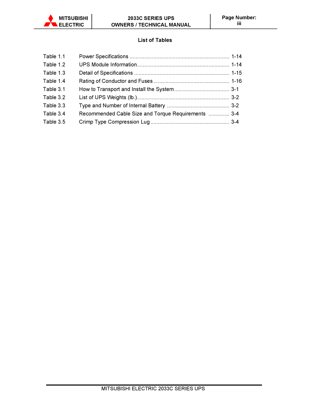 Mitsubishi Electronics 2033C technical manual List of Tables, Iii 