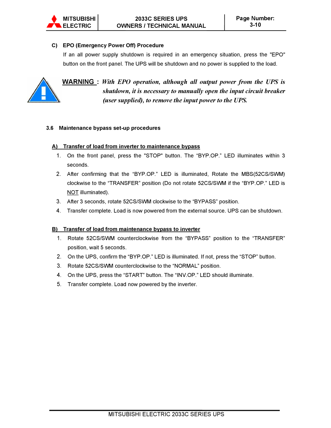 Mitsubishi Electronics 2033C EPO Emergency Power Off Procedure, Transfer of load from maintenance bypass to inverter 