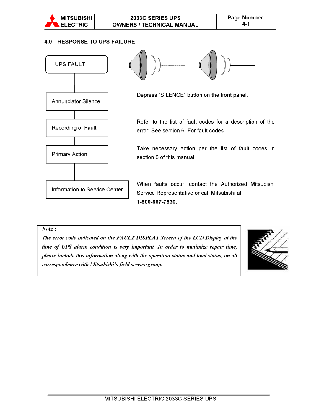 Mitsubishi Electronics 2033C technical manual Electric Owners / Technical Manual Response to UPS Failure, UPS Fault 