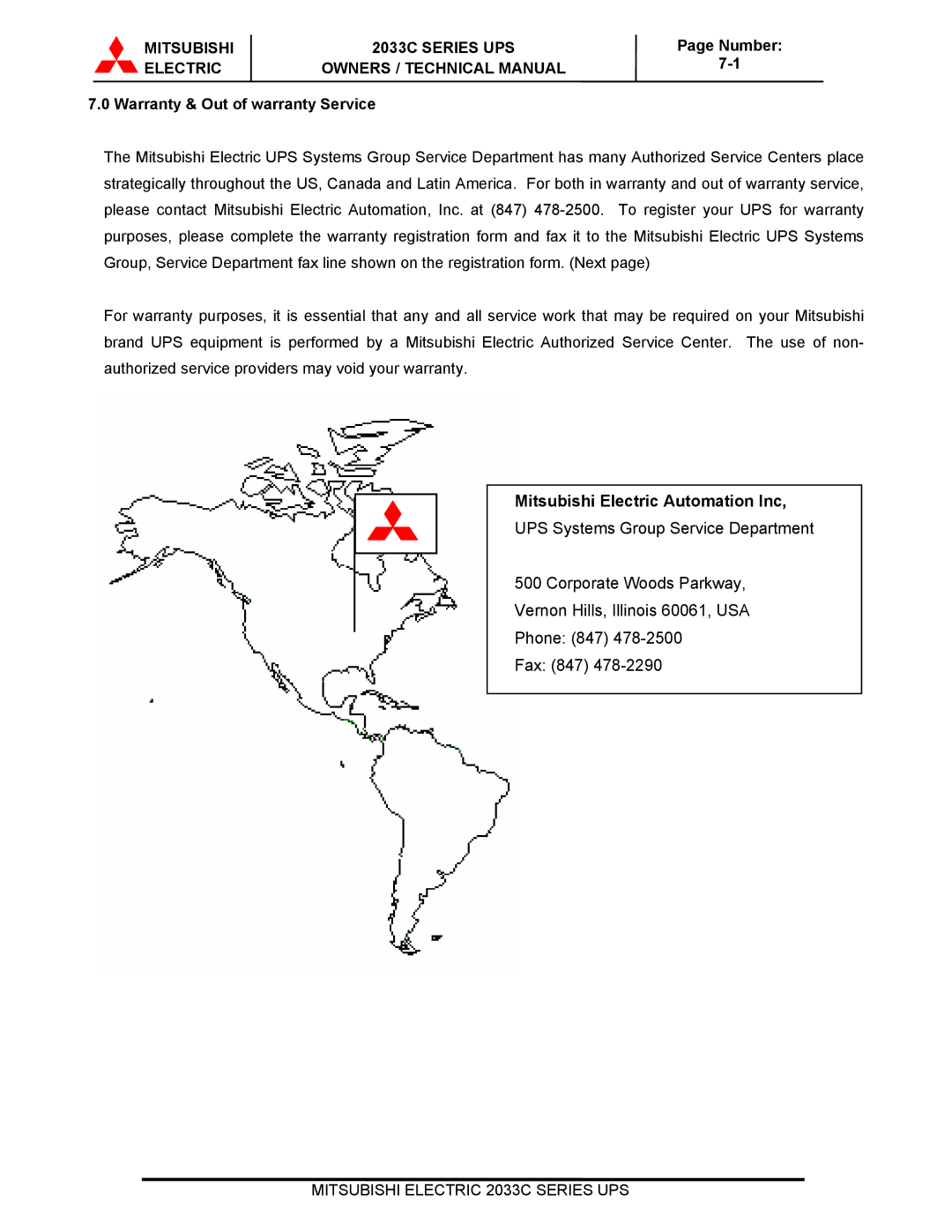 Mitsubishi Electronics 2033C technical manual Mitsubishi Electric Automation Inc, Warranty & Out of warranty Service 