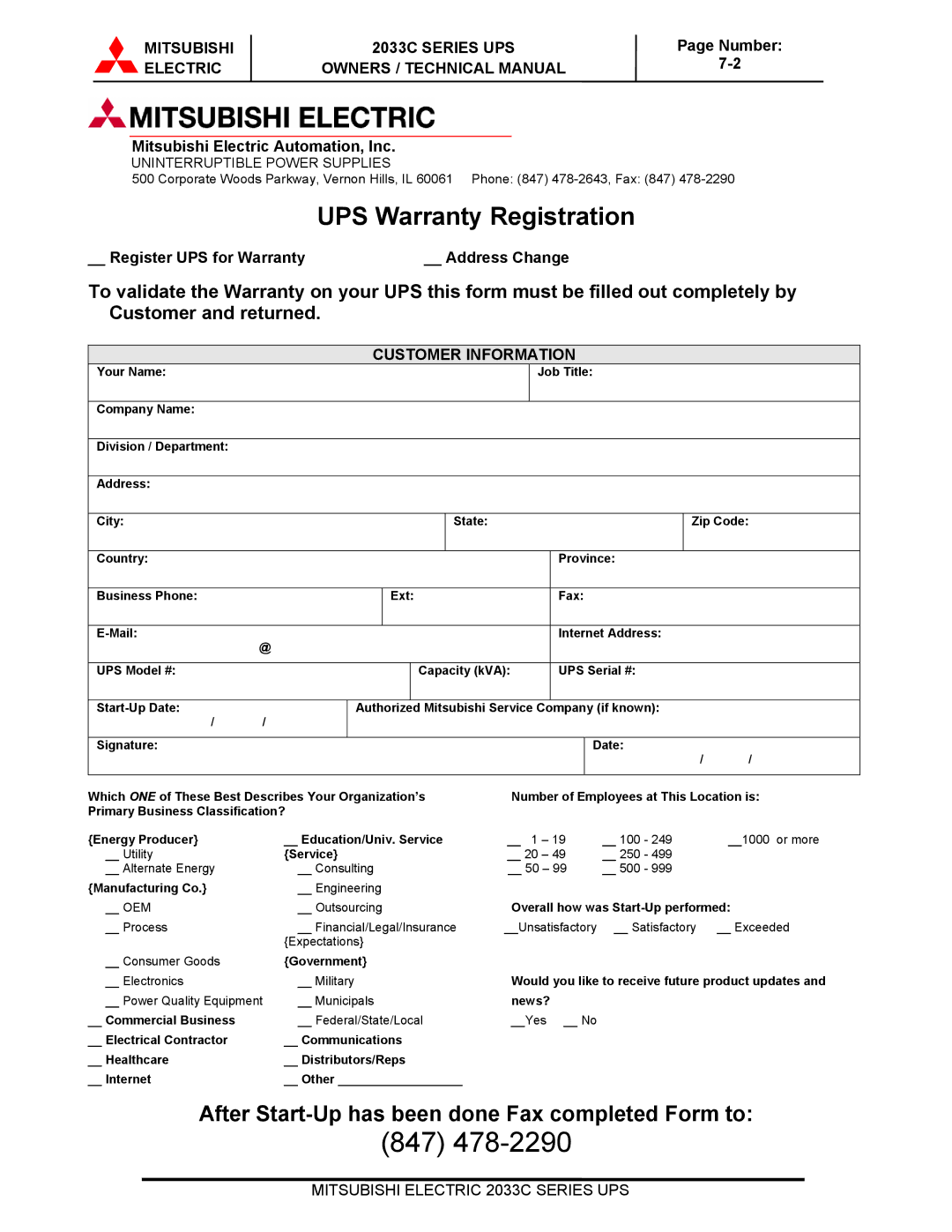 Mitsubishi Electronics 2033C technical manual Mitsubishi Electric Automation, Inc, Register UPS for Warranty Address Change 