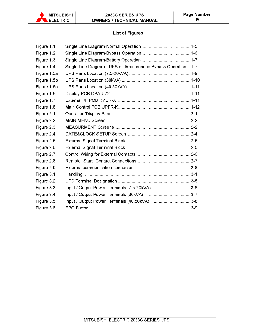 Mitsubishi Electronics 2033C technical manual List of Figures, Single Line Diagram UPS on Maintenance Bypass Operation 