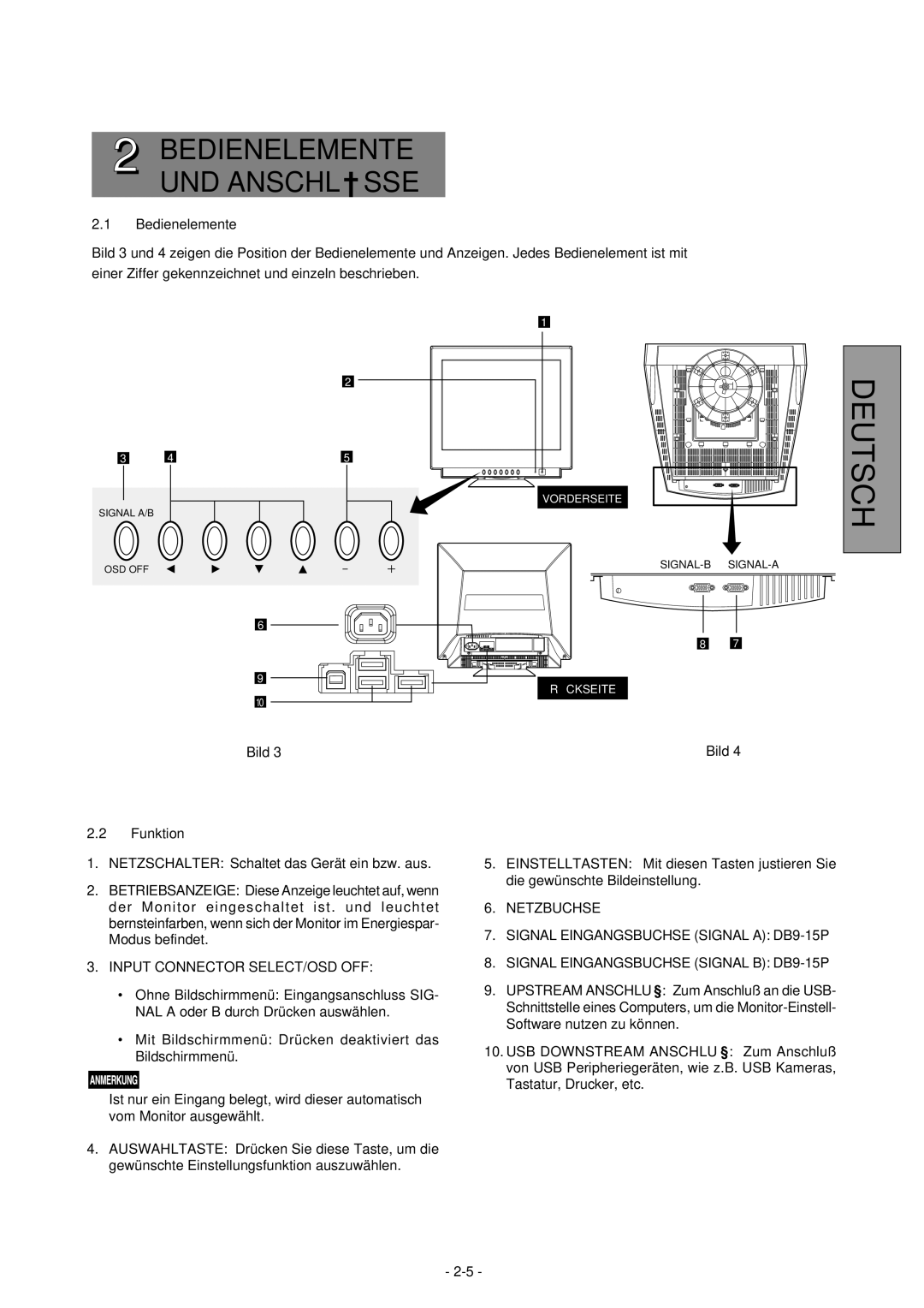 Mitsubishi Electronics 2060U manual Deutsch, Bedienelemente, Funktion, Input Connector SELECT/OSD OFF 