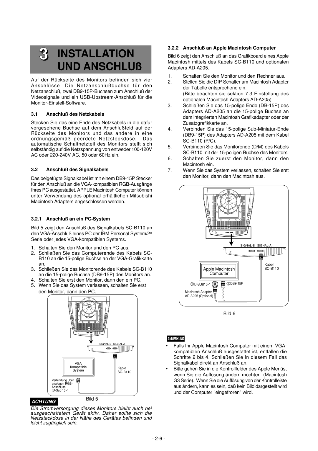 Mitsubishi Electronics 2060U manual Anschluß des Netzkabels, Anschluß des Signalkabels, Anschluß an ein PC-System 