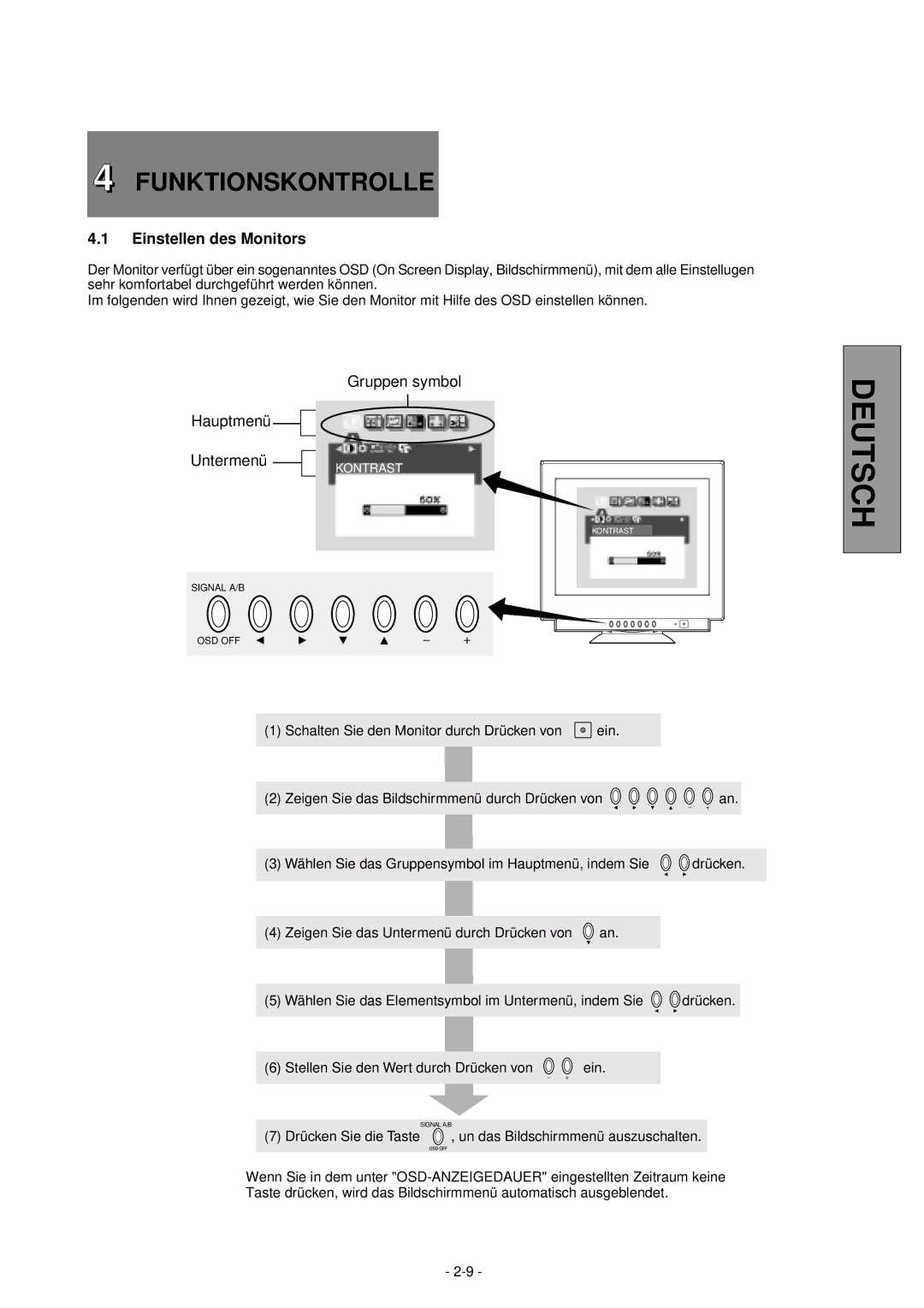 Mitsubishi Electronics 2060U manual Drücken Sie die Taste Un das Bildschirmmenü auszuschalten 