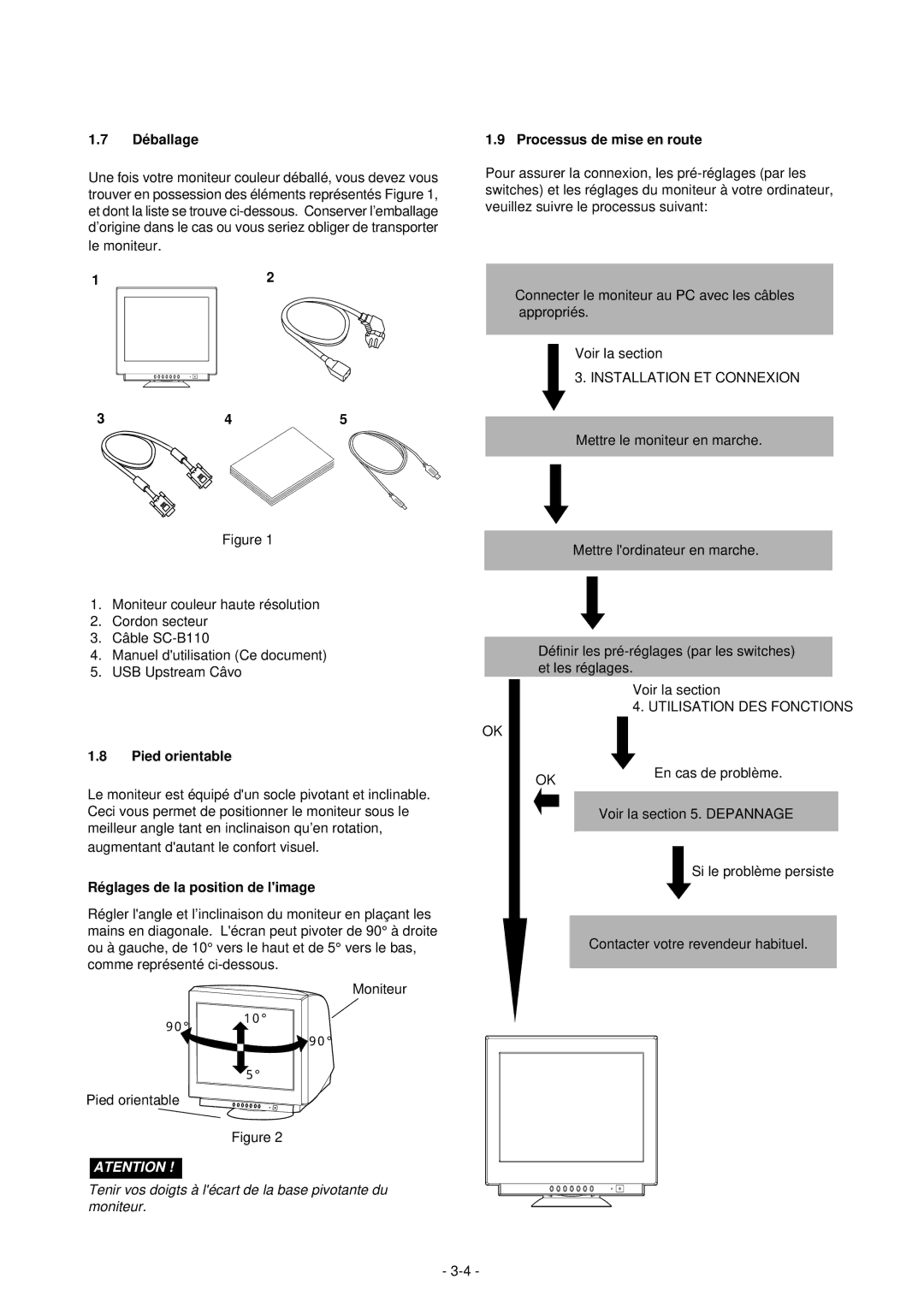 Mitsubishi Electronics 2060U Dé ballage, Pied orientable, Ré glages de la position de limage, Processus de mise en route 