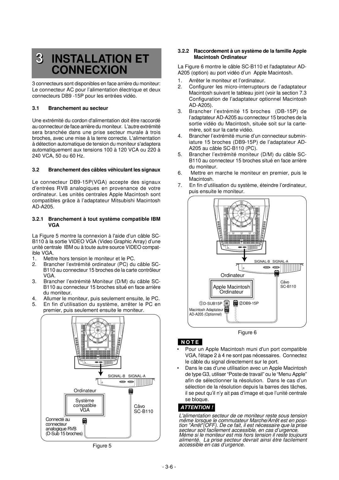 Mitsubishi Electronics 2060U manual Installation ET Connecxion, Branchement au secteur, Ordinateur 