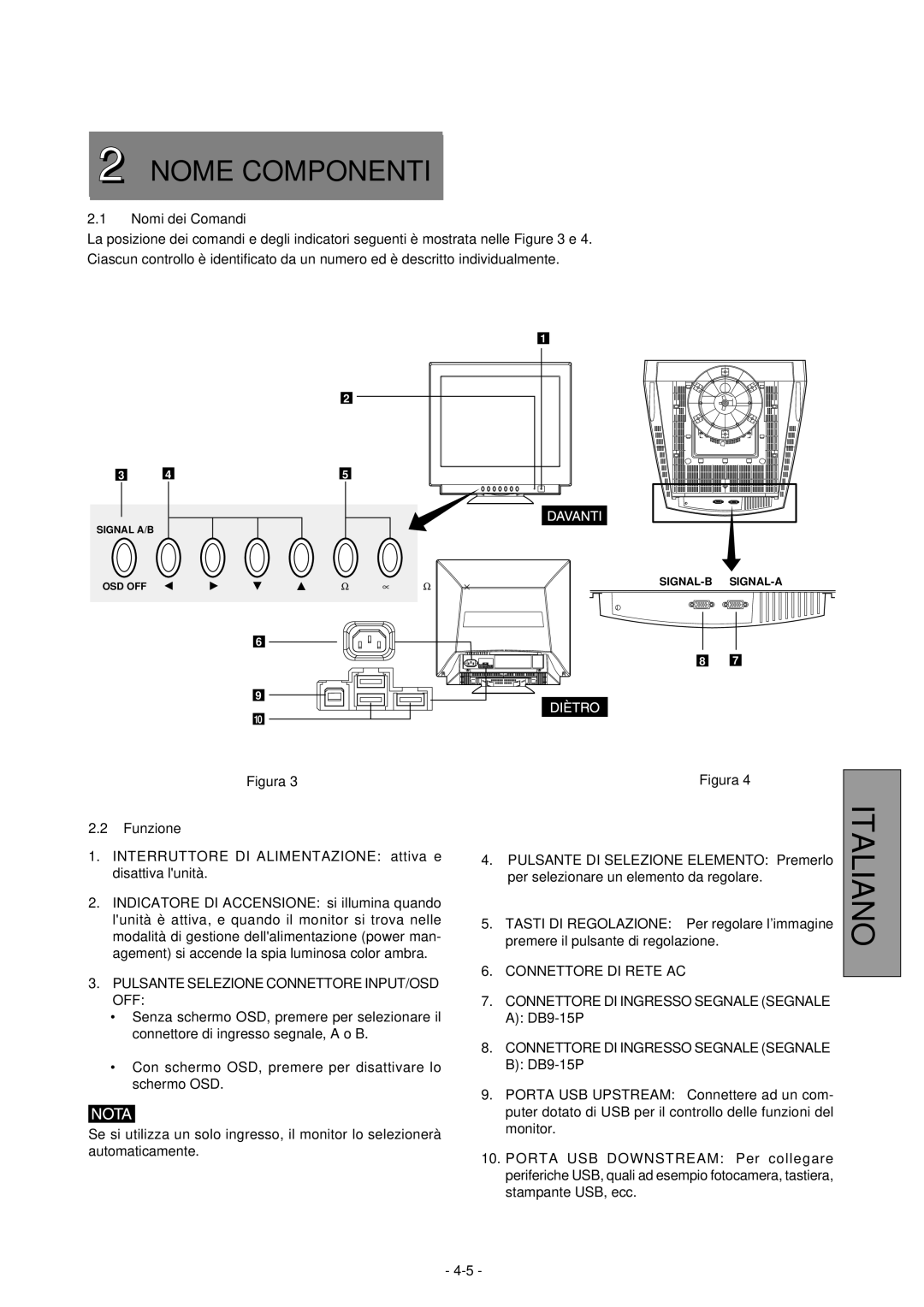 Mitsubishi Electronics 2060U Italiano, Nome Componenti, Nomi dei Comandi, Pulsante Selezione Connettore INPUT/OSD OFF 