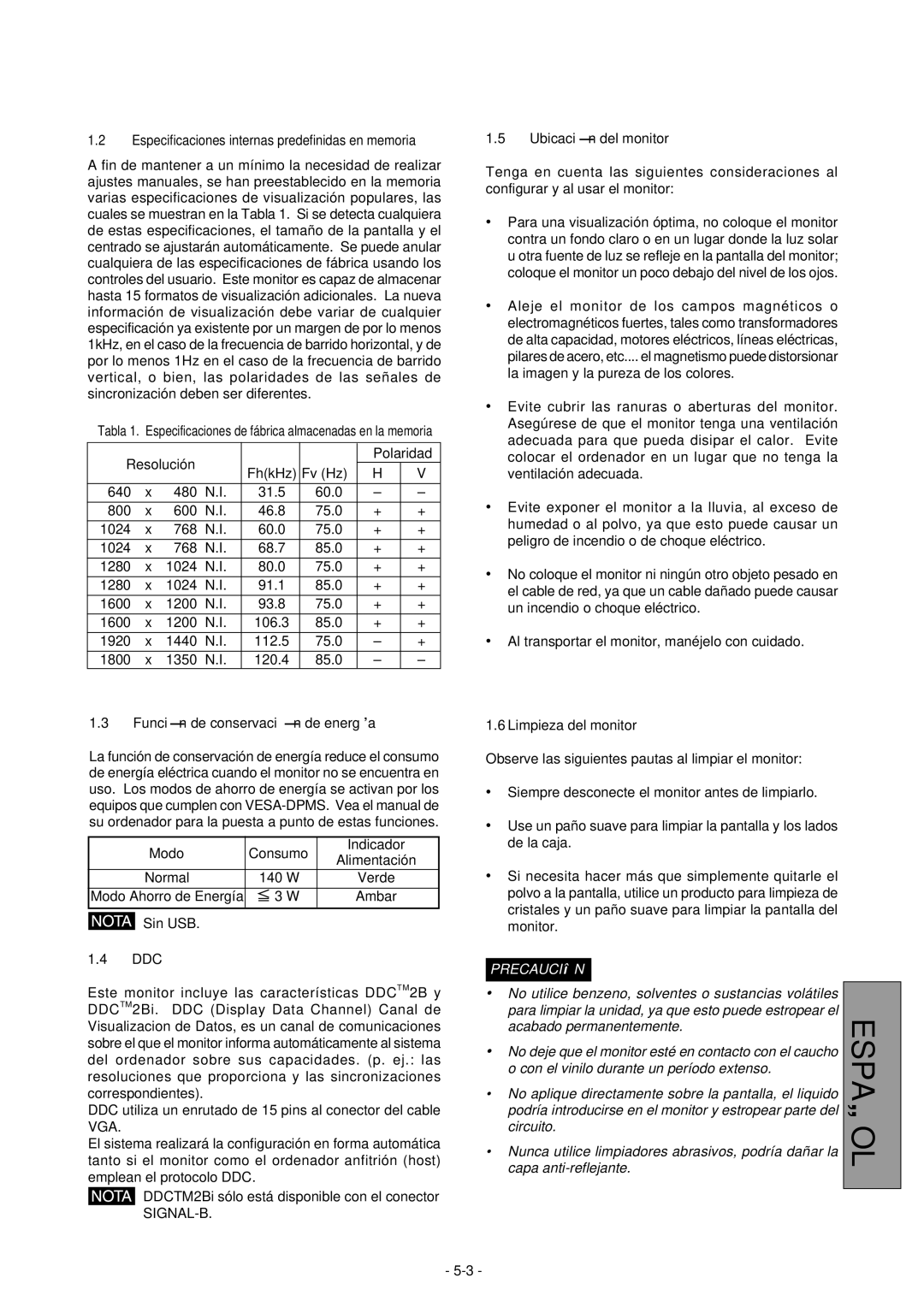 Mitsubishi Electronics 2060U manual Especificaciones internas predefinidas en memoria, Funció n de conservació n de energía 