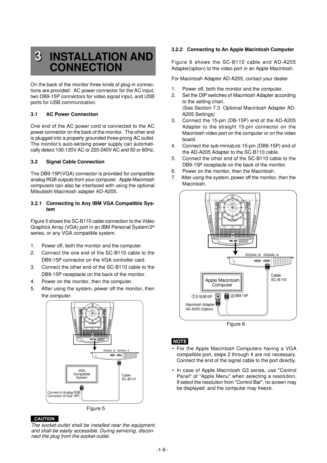 Mitsubishi Electronics 2060U manual Installation and Connection, AC Power Connection, Signal Cable Connection 