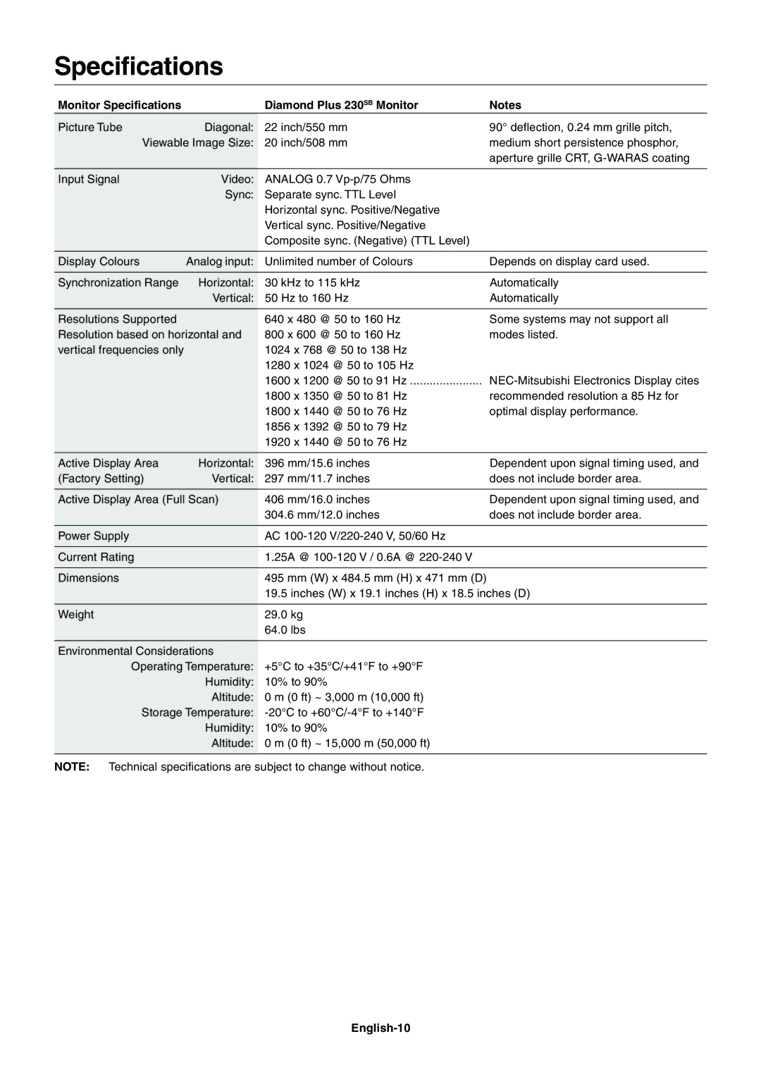 Mitsubishi Electronics user manual Monitor Specifications Diamond Plus 230SB Monitor, English-10 